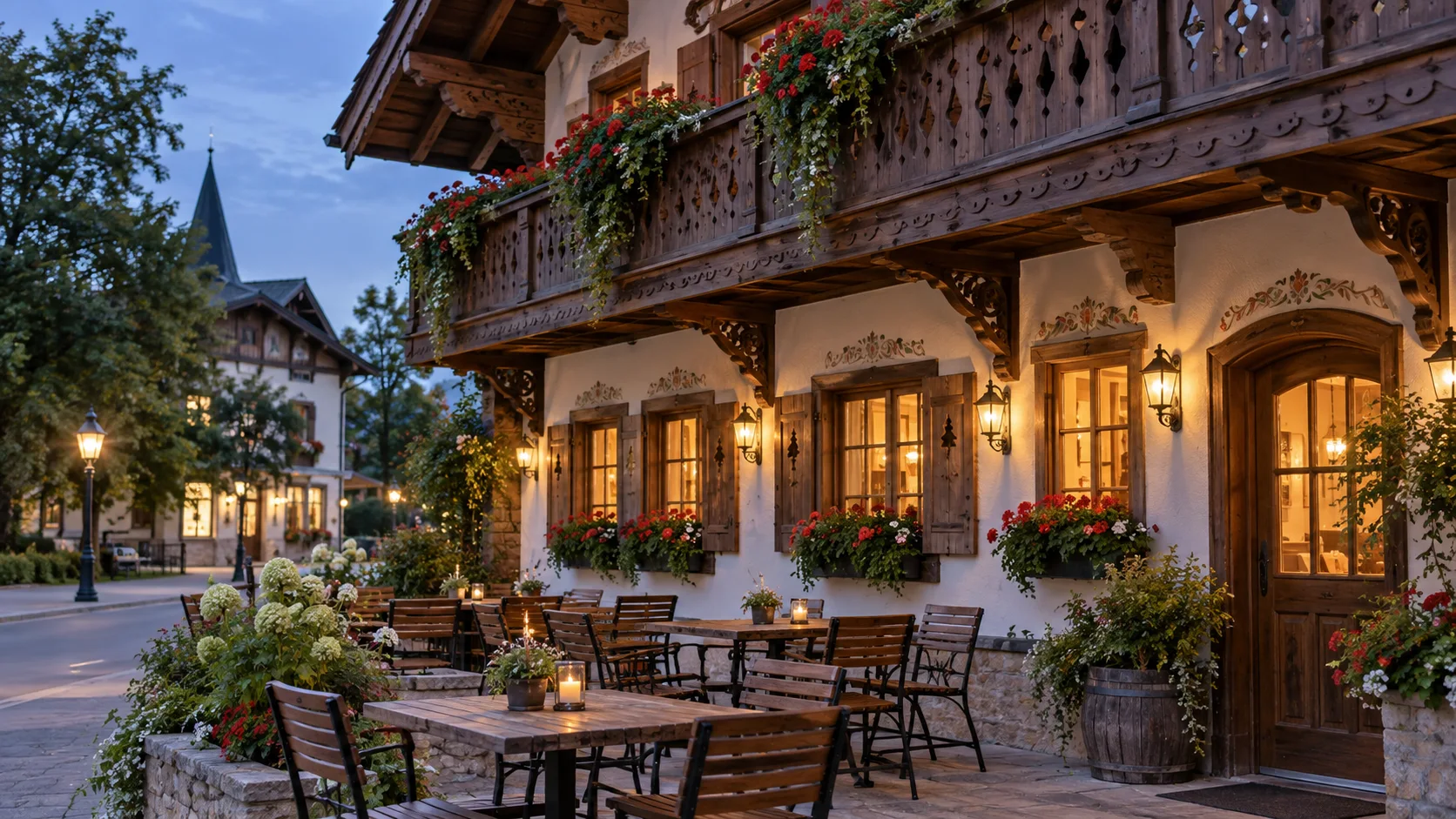 Empty café tables sit beneath carved chalet woodwork and geranium boxes in New Glarus.