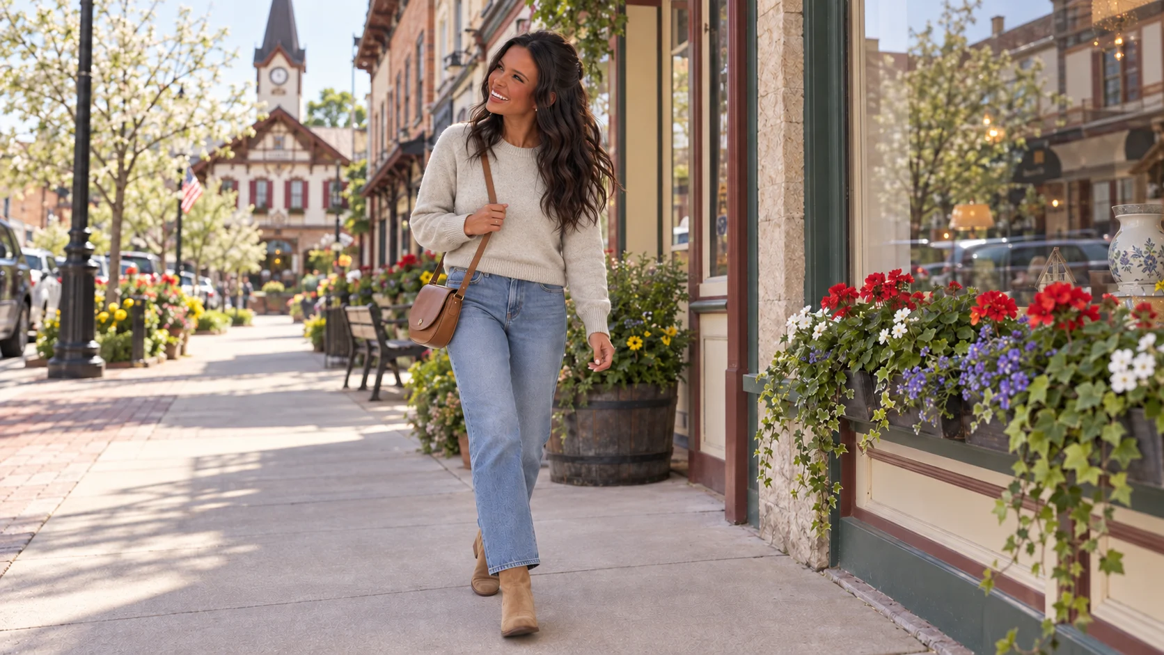 Ellie walks past flower-filled storefronts in downtown New Glarus wearing an oatmeal sweater and jeans.