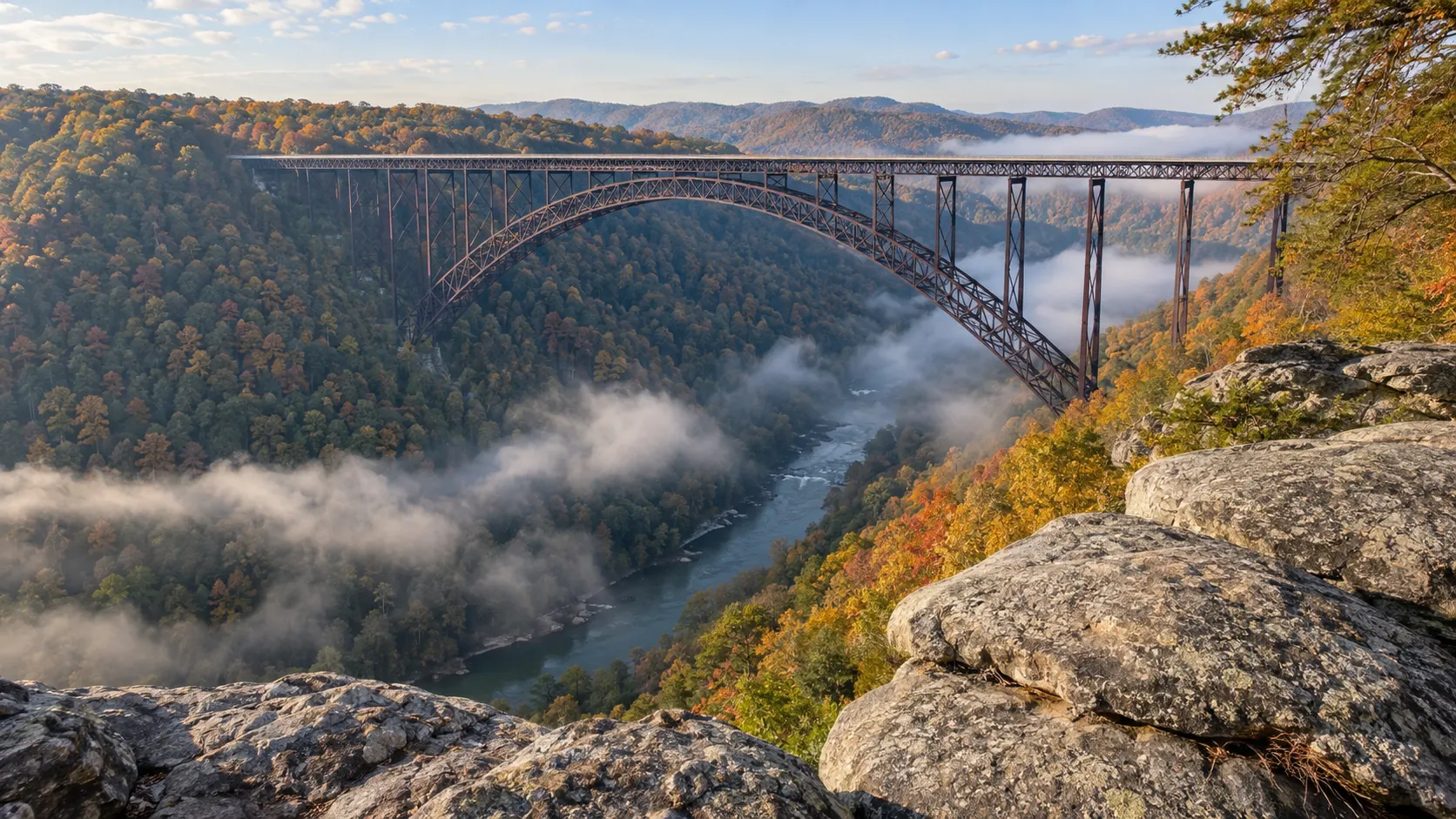 New River Gorge Bridge above a foggy autumn canyon near Fayetteville, West Virginia