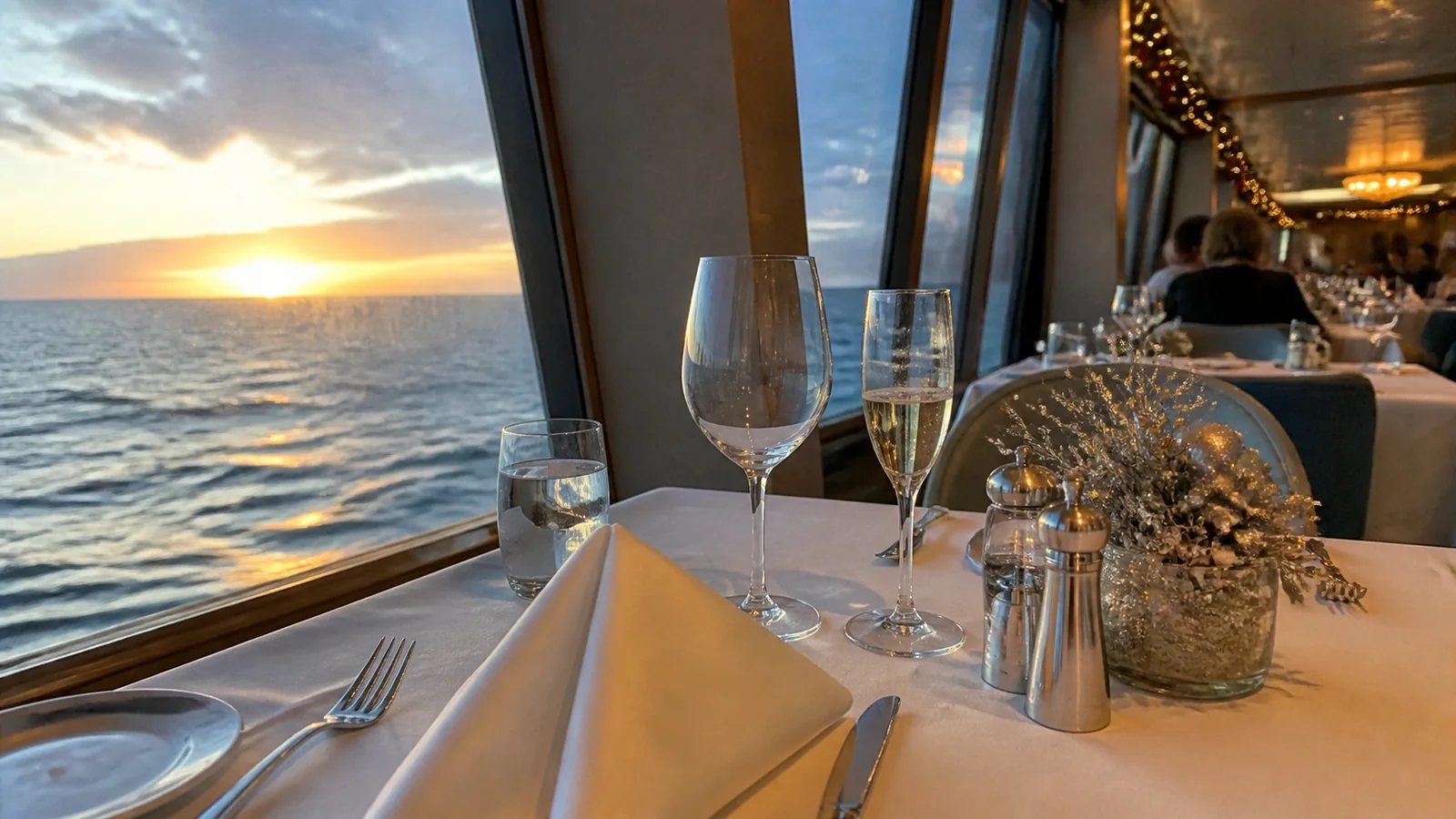 Festive dining table set beside an ocean-view window at sunset.