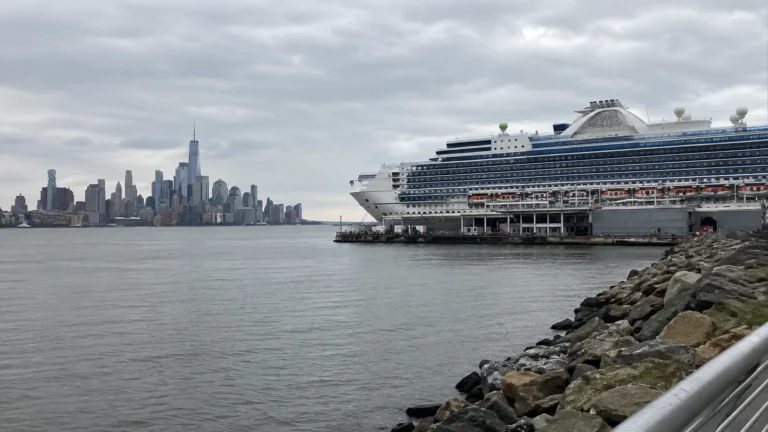 Cruise ship docked across the water with a city skyline behind it