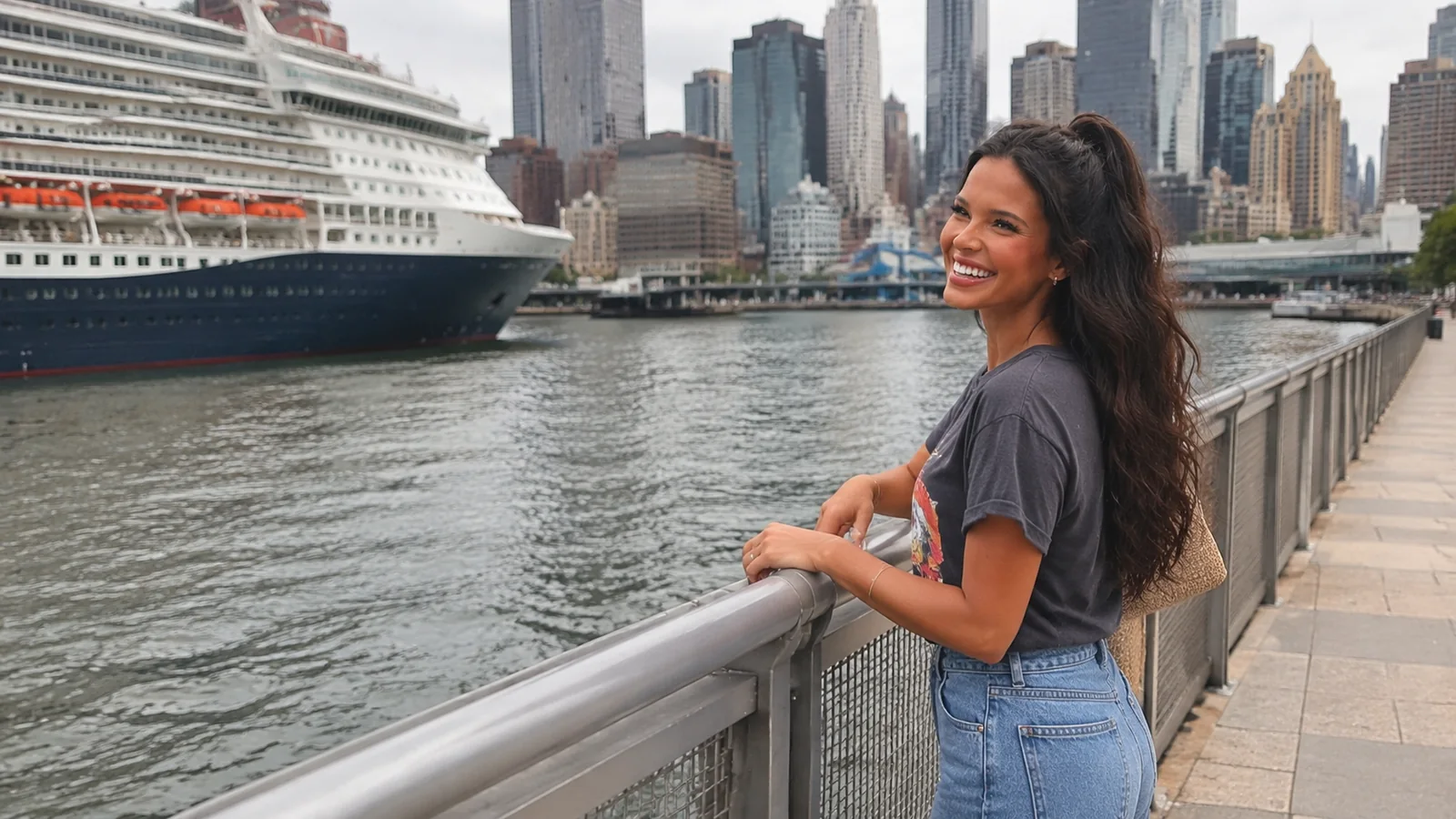 Woman at a railing with a cruise ship and city skyline behind her