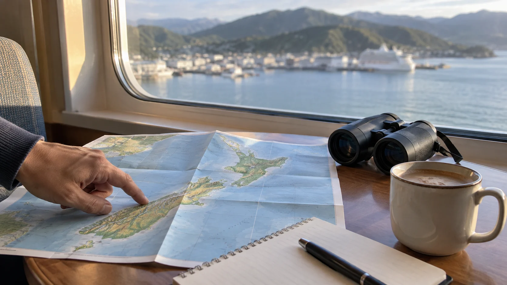 New Zealand cruise route planning map beside binoculars and a coffee on a ship table