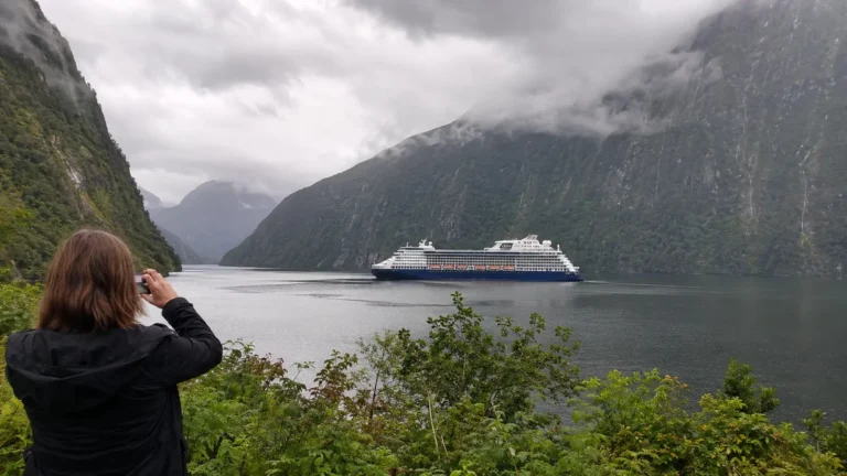 Cruise ship sailing through a misty fjord as a person takes a photo from shore