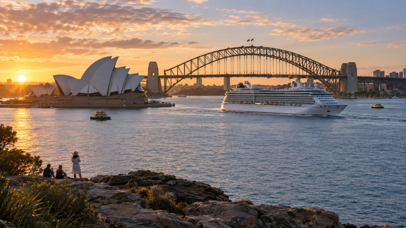 Cruise ship sailing past the Sydney Opera House and Harbour Bridge at sunrise