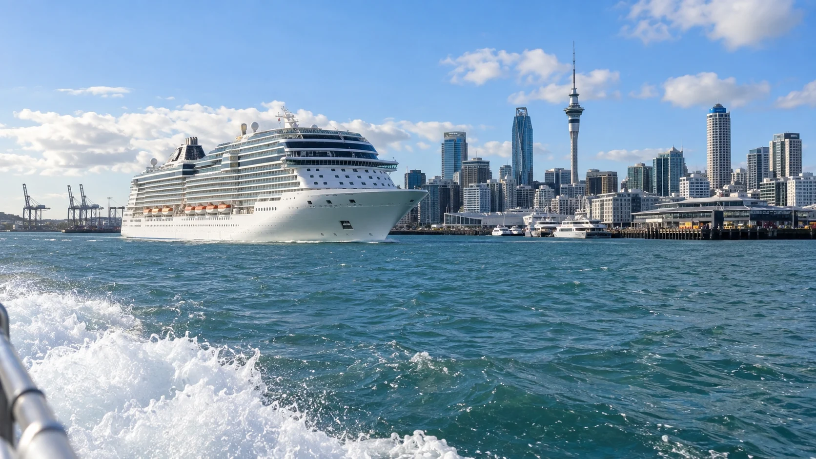 Cruise ship departing Auckland with the Sky Tower and harbor skyline behind