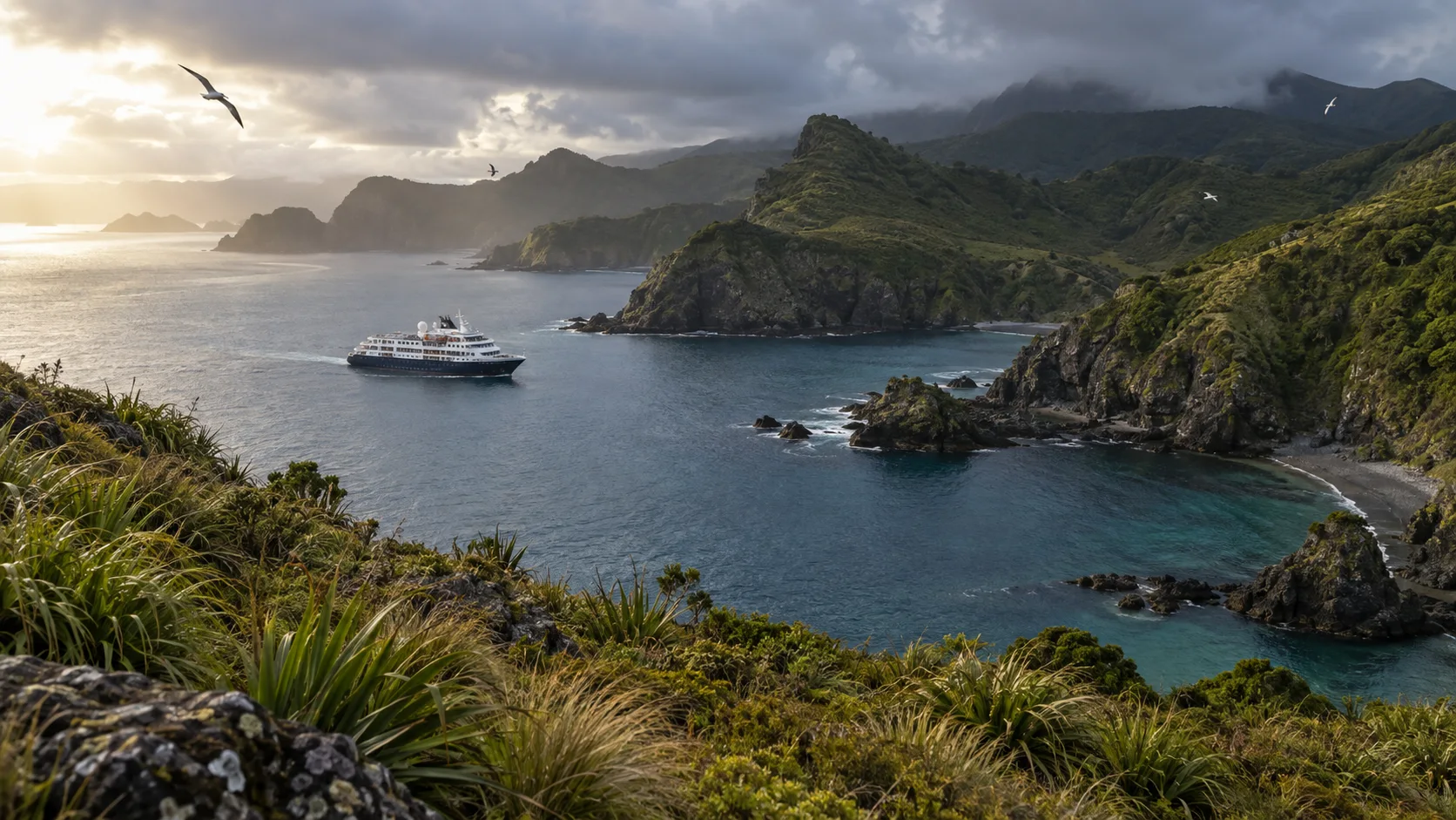 Small cruise ship sailing beside the green hills and volcanic coastline of New Zealand