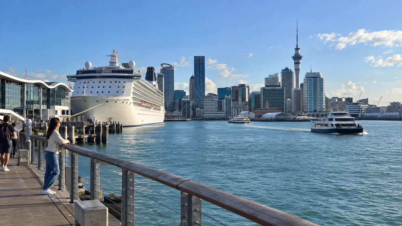 Auckland waterfront with ferries, the Sky Tower, and a cruise ship at the terminal