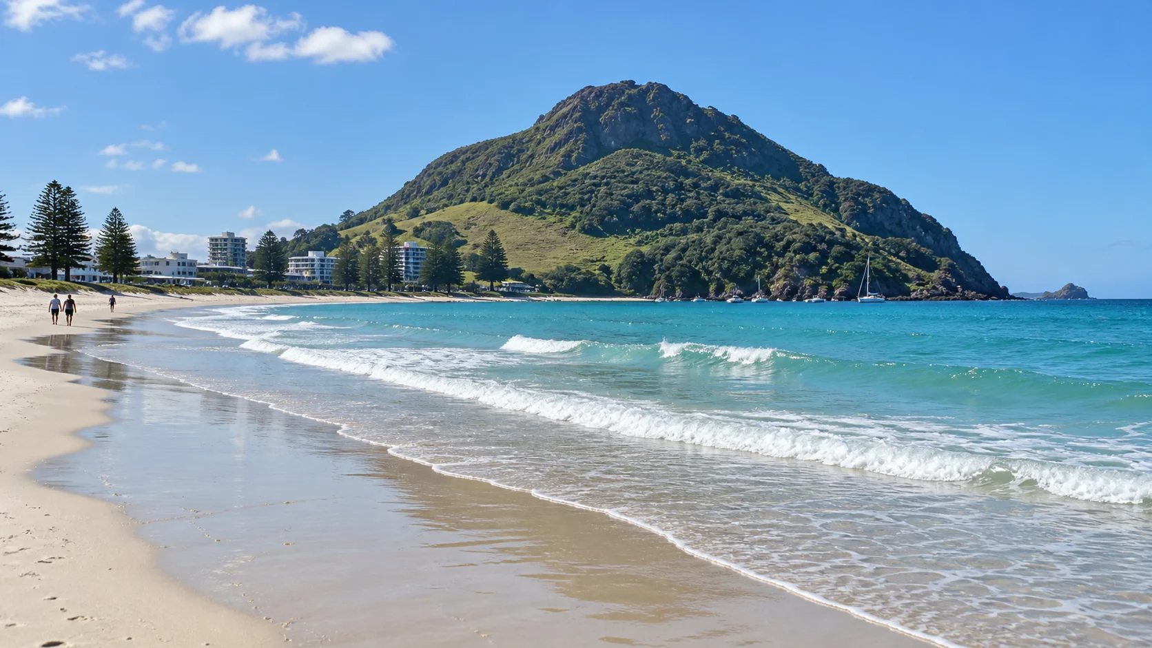 Mount Maunganui beach and Mauao seen from the Tauranga waterfront