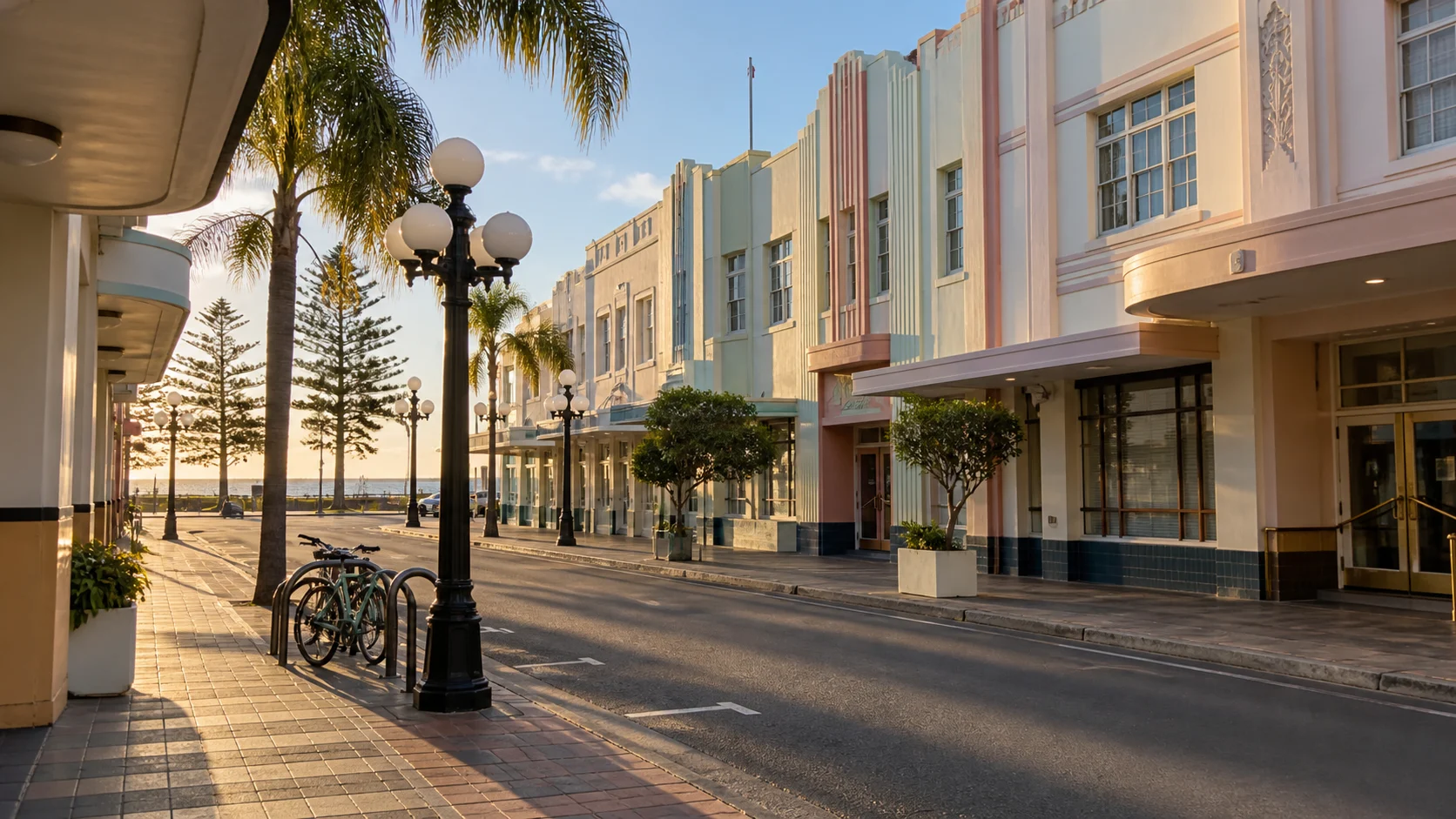 Art Deco streetscape in Napier with pastel buildings and bicycles