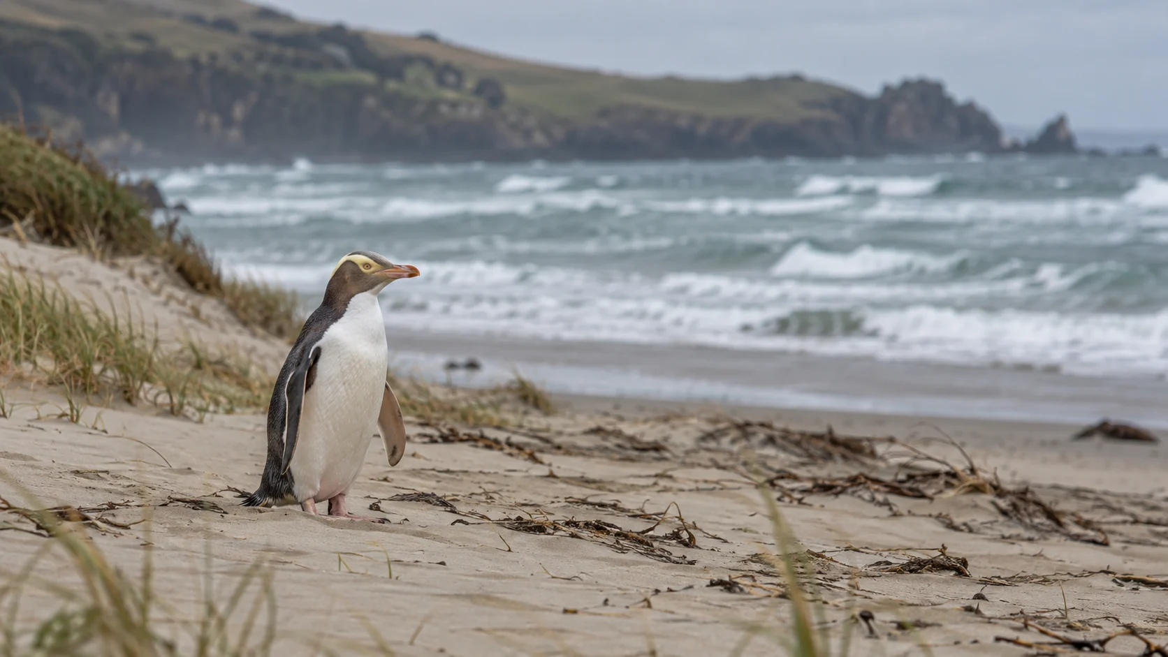 Yellow-eyed penguin standing on a windswept Otago Peninsula beach near Dunedin