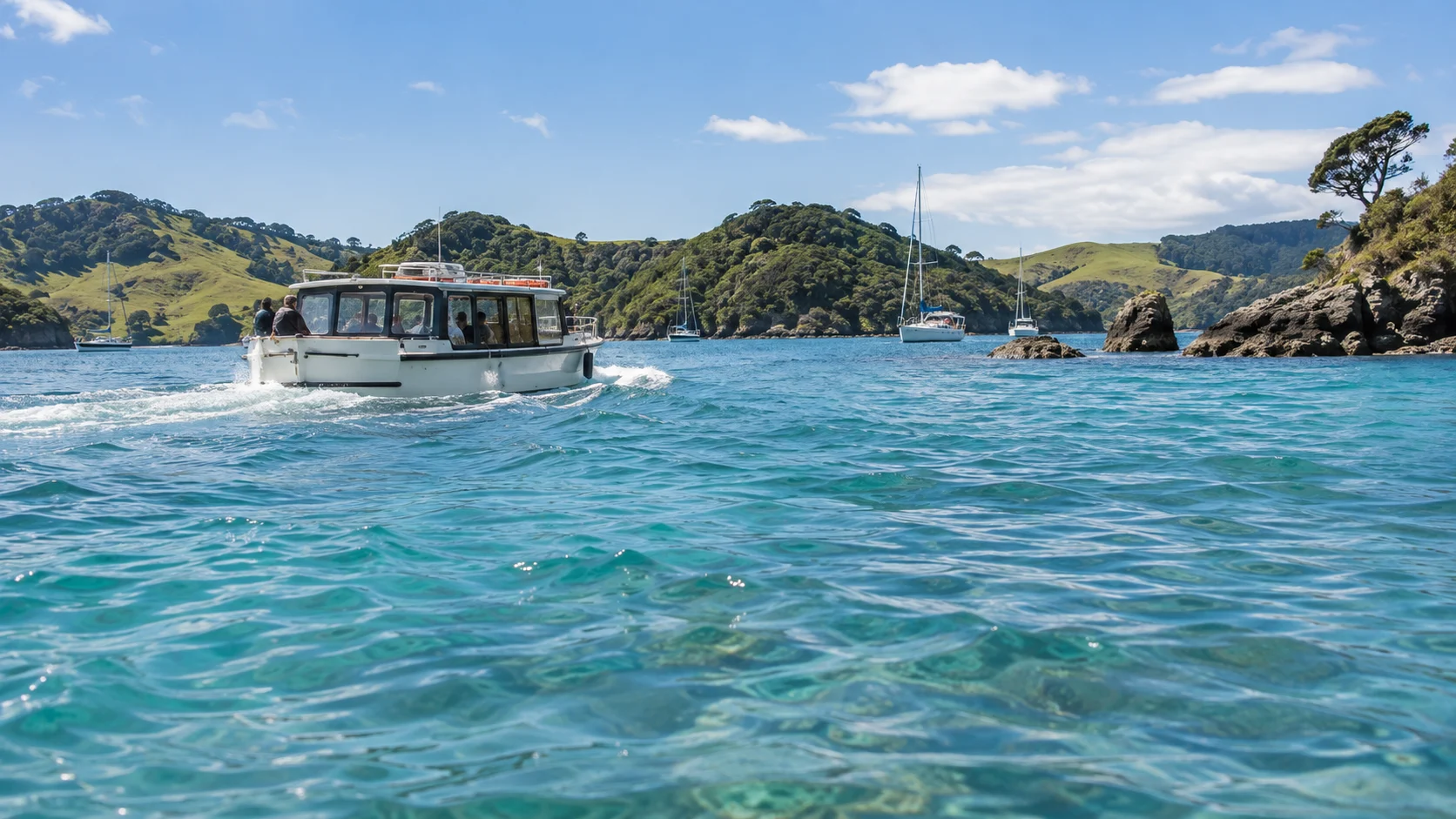 Small tender boat crossing turquoise water among the green islands of the Bay of Islands