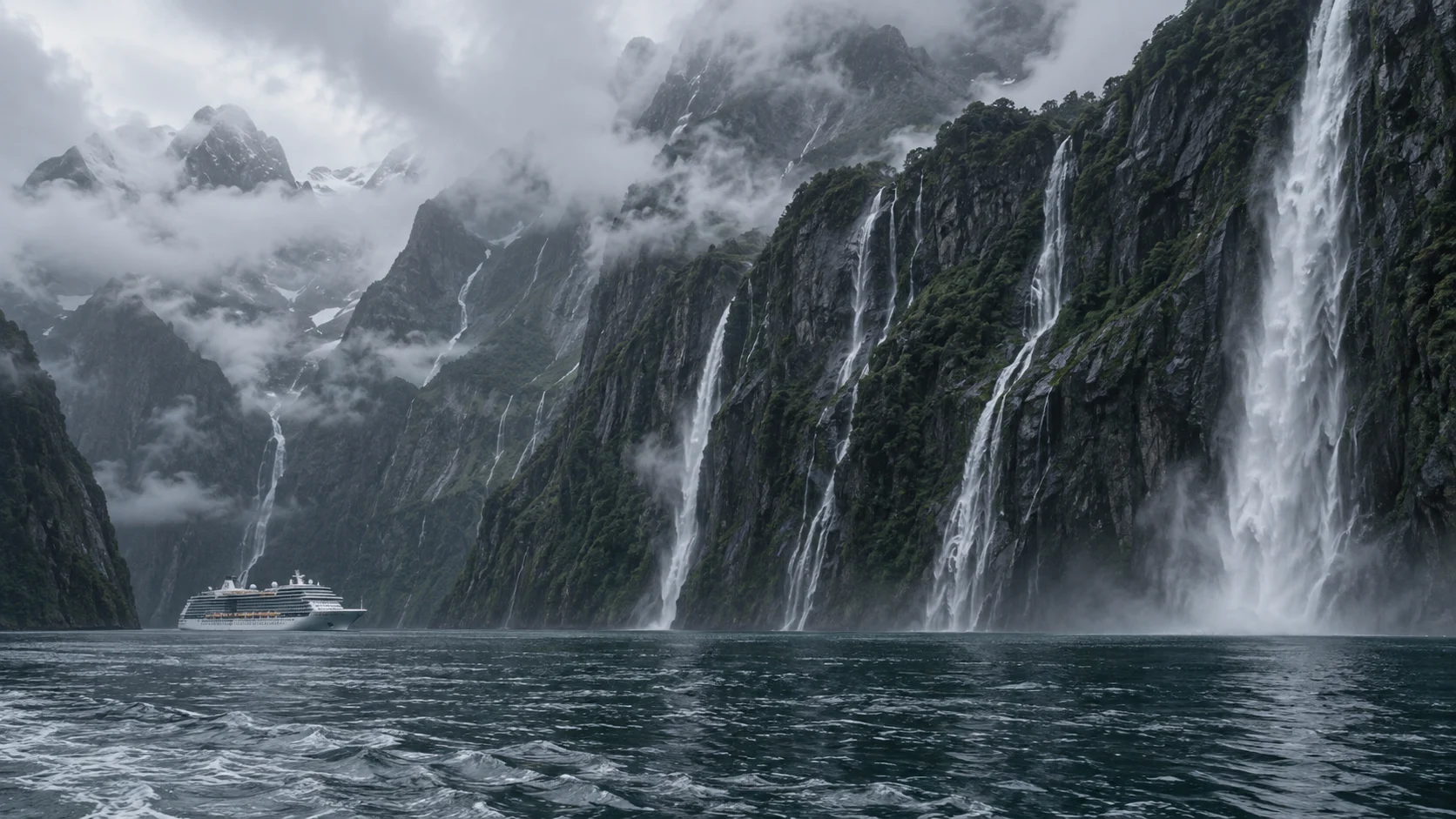 Cruise ship beneath towering cliffs and waterfalls in misty Milford Sound