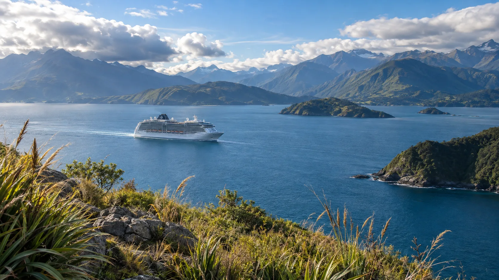 Large modern cruise ship crossing open water toward New Zealand mountains