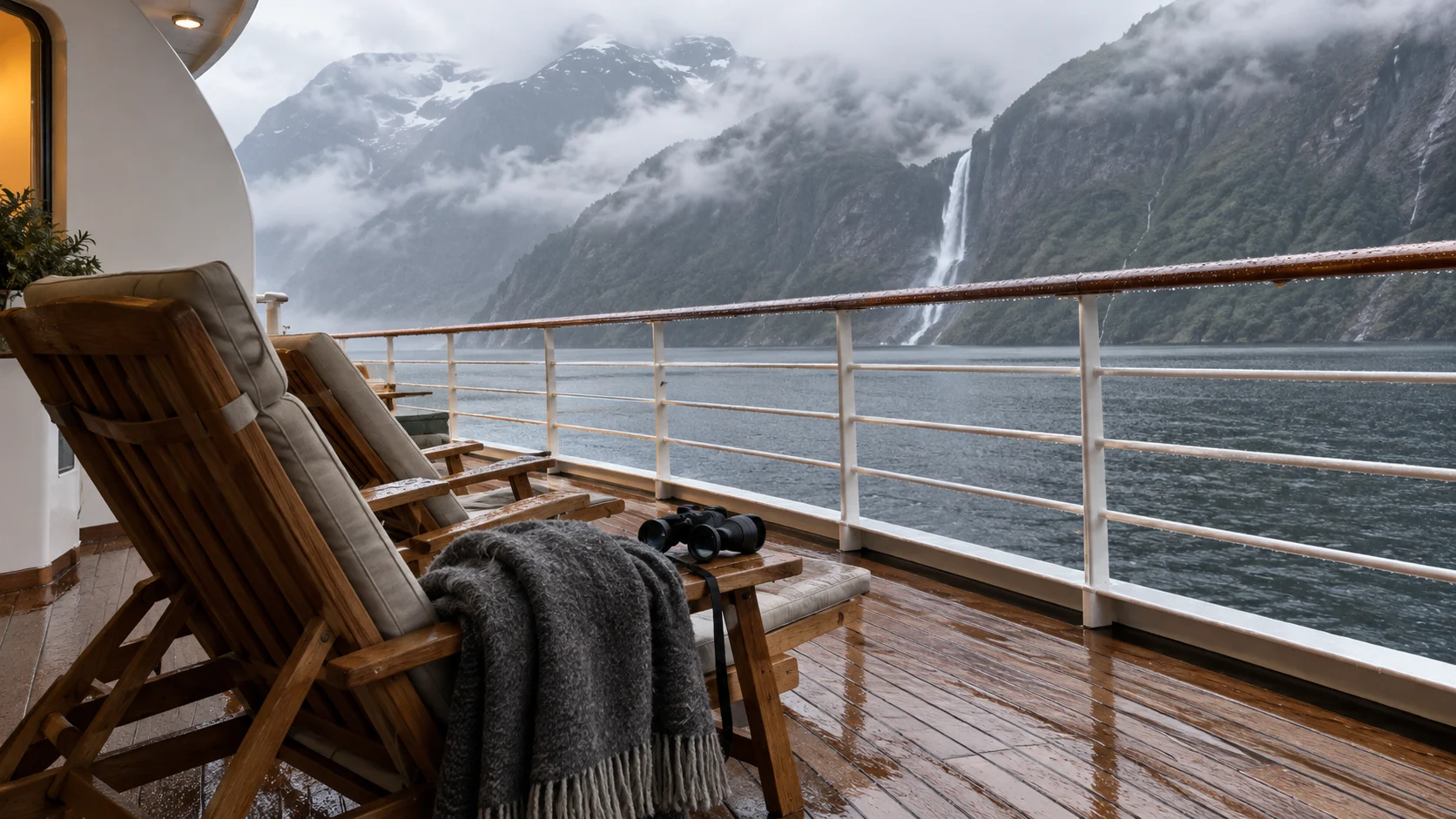 Quiet teak promenade on a premium cruise ship overlooking a New Zealand fjord
