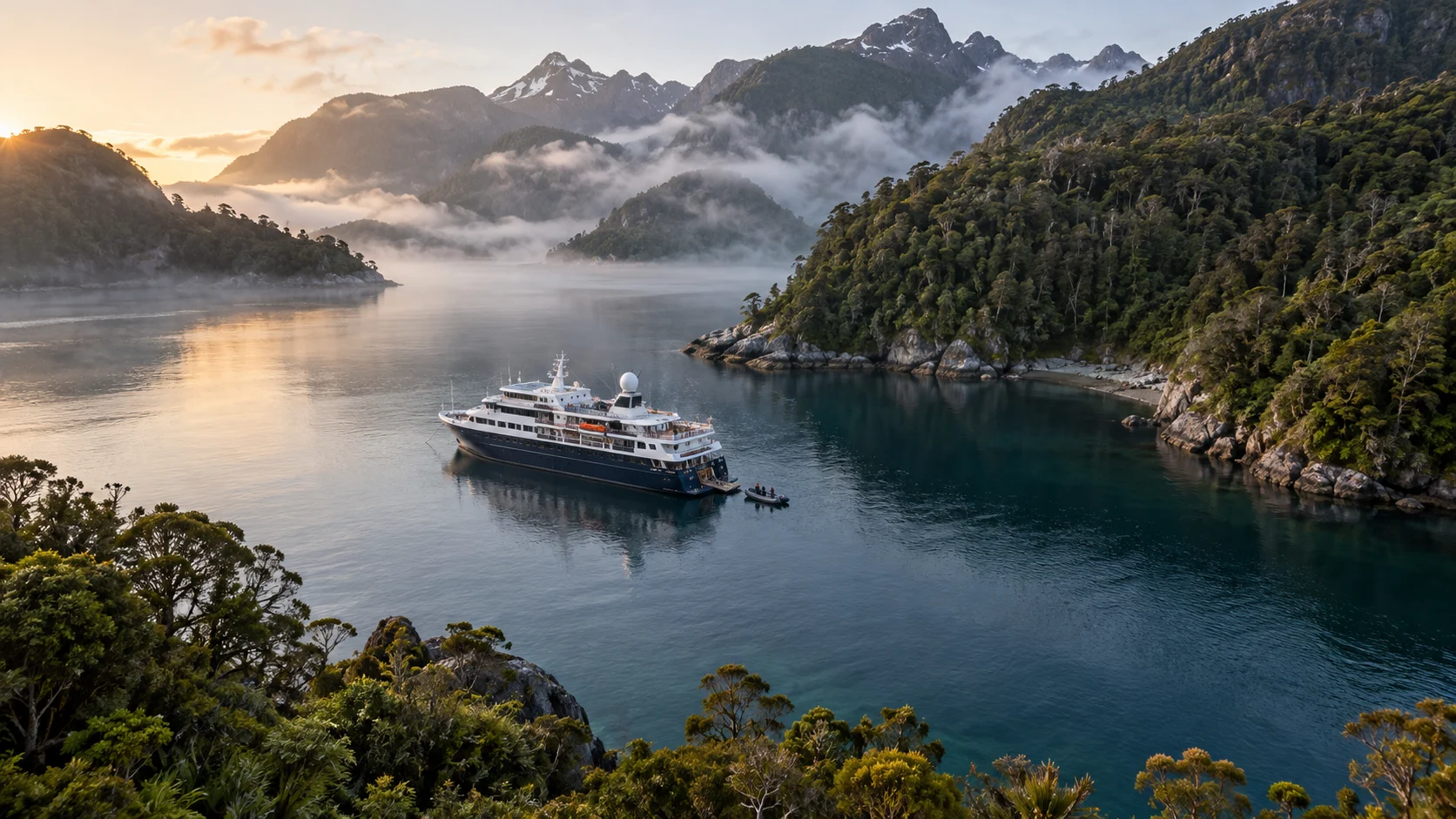 Small expedition ship anchored in a remote New Zealand cove surrounded by native forest