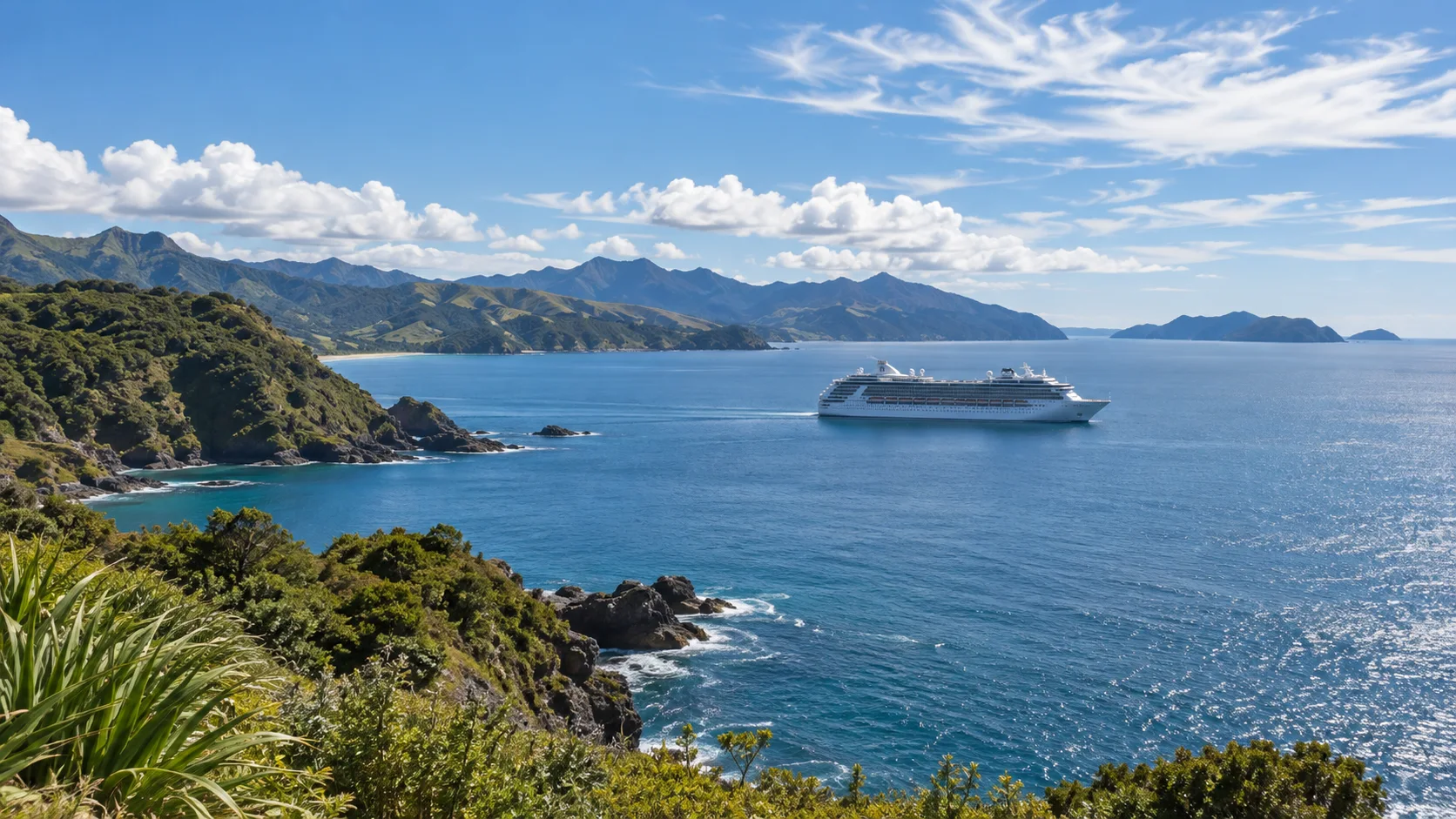 Cruise ship near New Zealand coast in bright summer weather with calm blue water