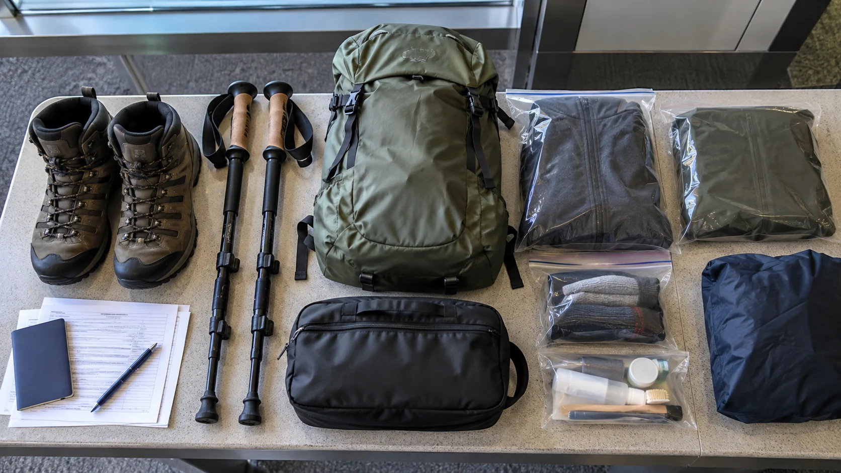 Clean hiking boots and sealed outdoor gear ready for New Zealand biosecurity inspection