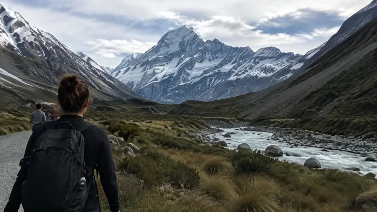 Hiker on a valley trail beside a river beneath snow-covered peaks.