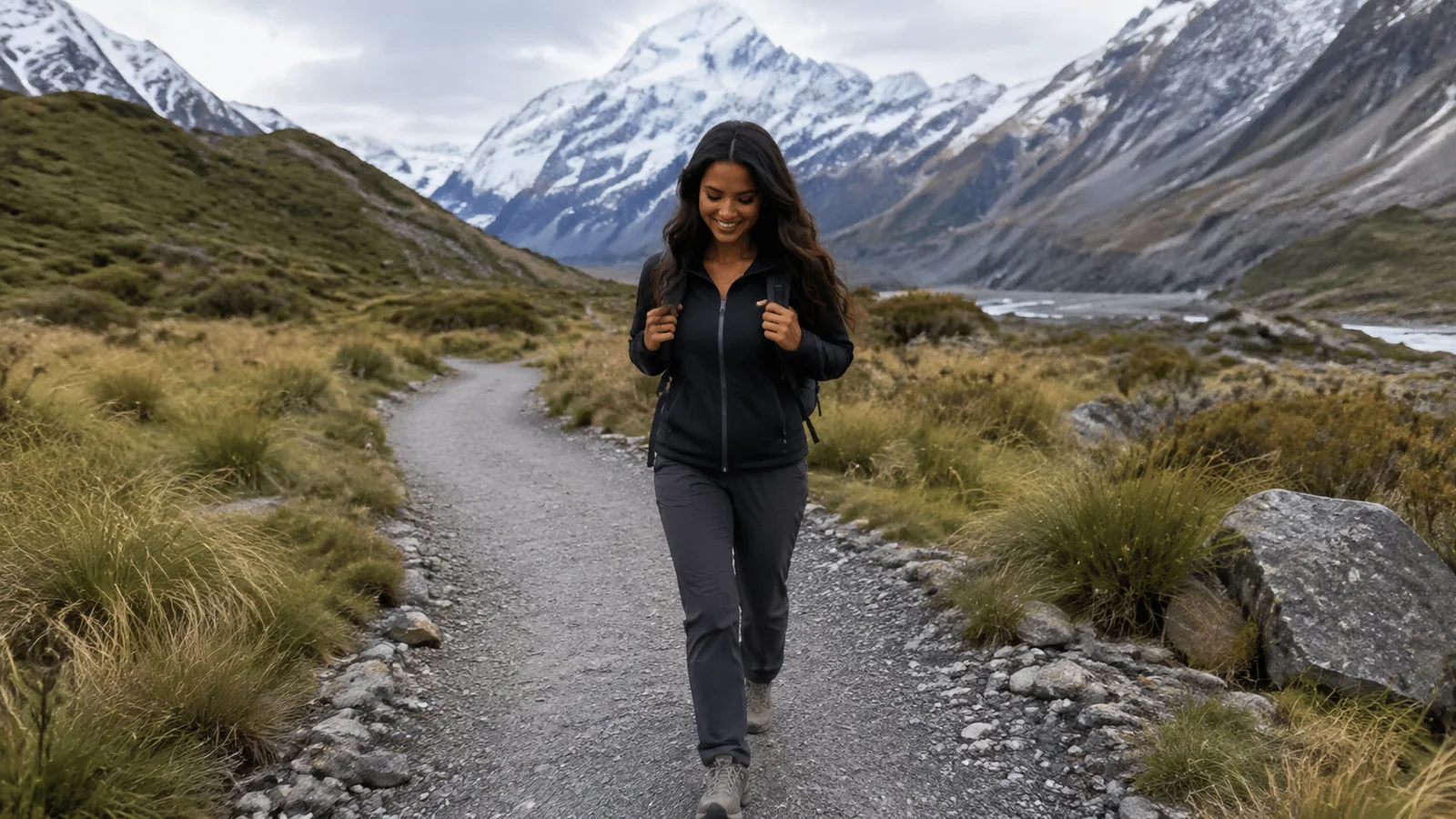 Woman walking along a gravel trail surrounded by alpine mountains.