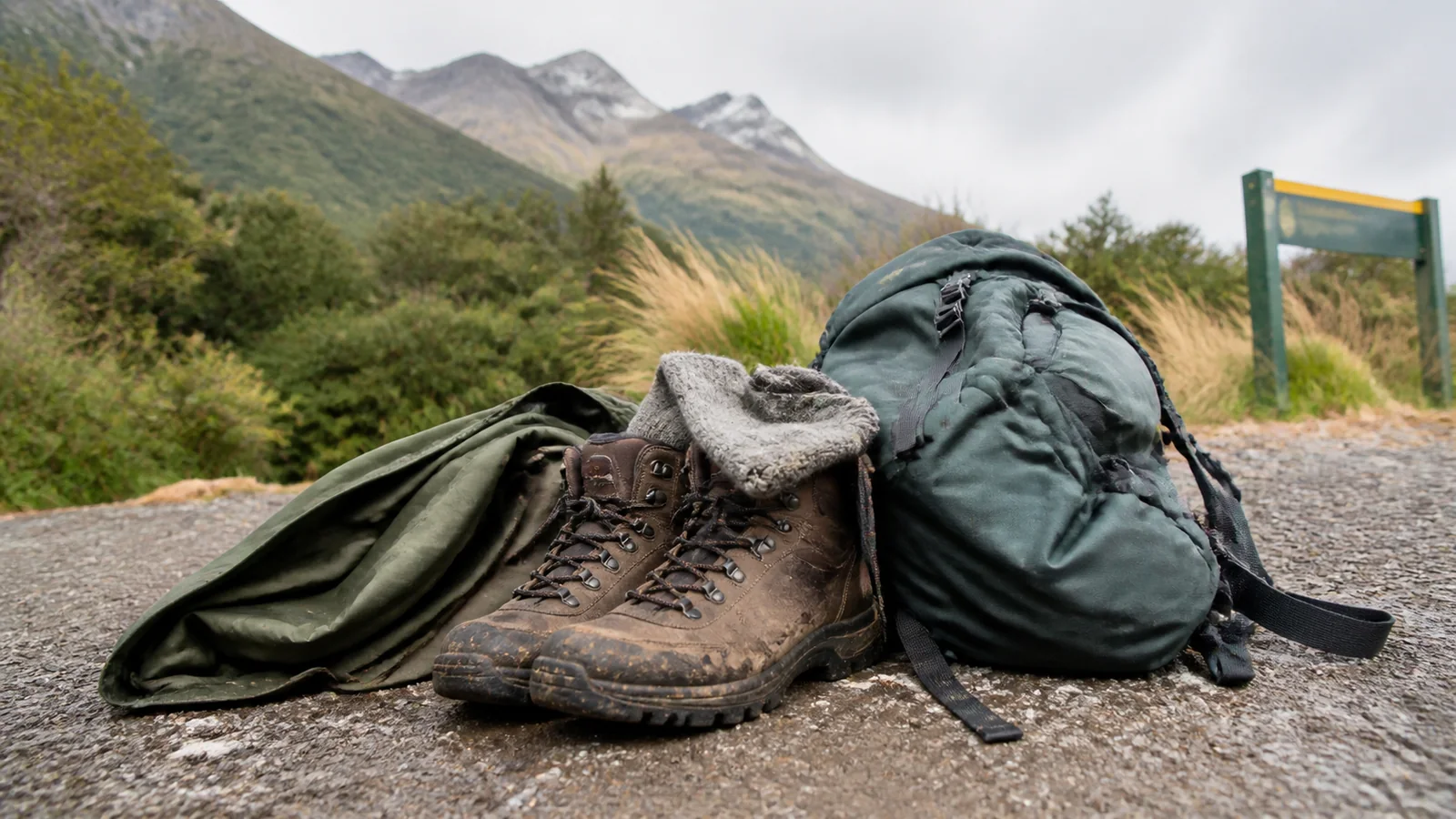 Hiking boots, backpack and jacket beside a mountain trail.