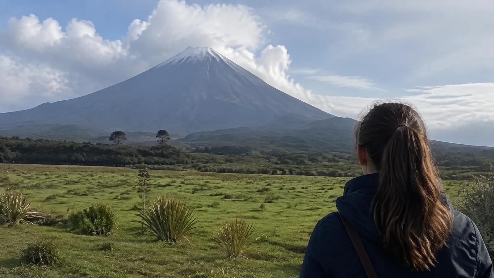 Traveler looking toward a symmetrical volcanic peak across green fields.