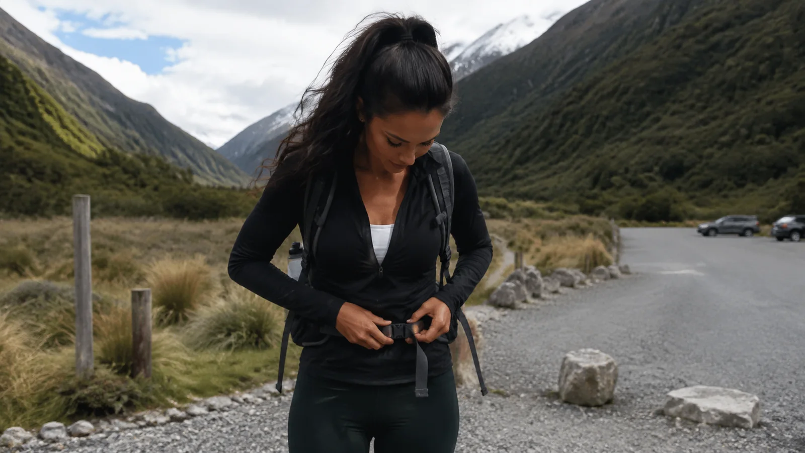 Woman fastening her backpack belt at a mountain trailhead.