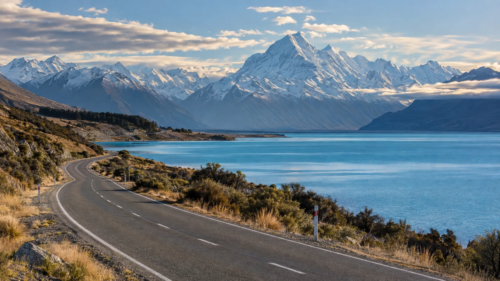 Empty road beside Lake Pukaki leading toward Aoraki Mount Cook on New Zealand's South Island