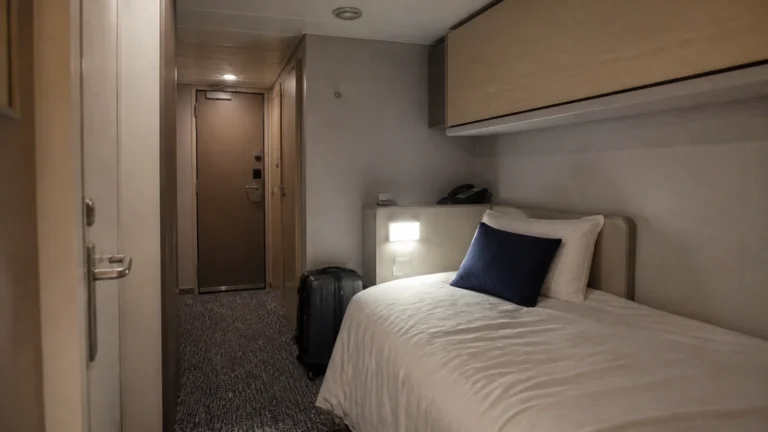 Compact interior cruise cabin with a single bed and luggage by the door.