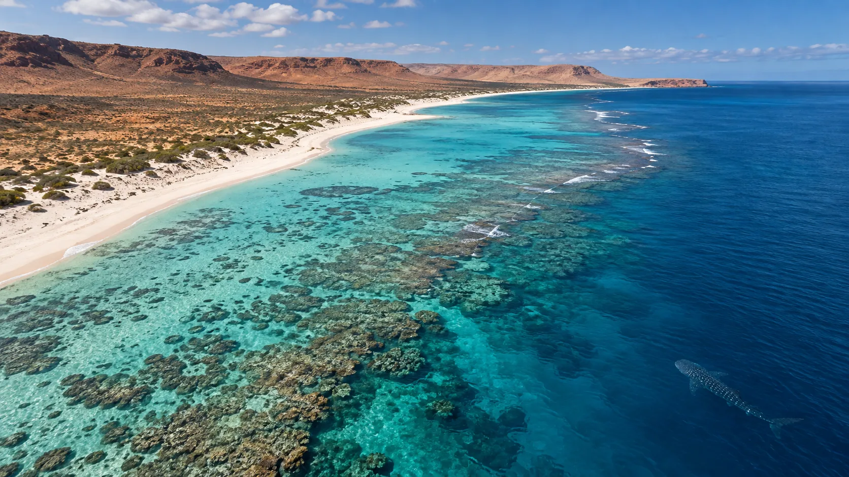 A whale shark cruises beside shore-close coral reefs and the arid Ningaloo Coast.