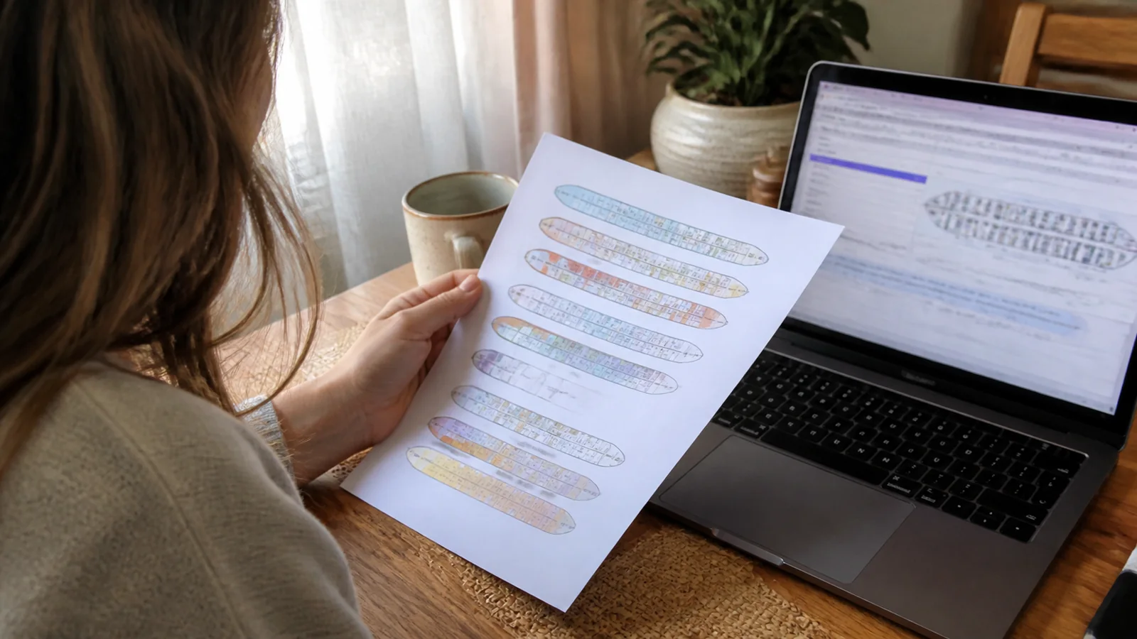 Woman comparing printed cruise ship deck plans with a laptop