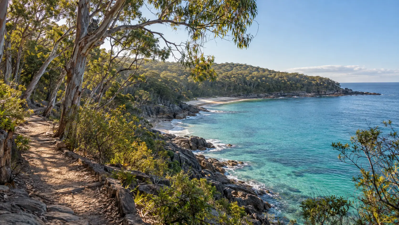 Coastal trail and quiet turquoise bay in Noosa National Park on the Sunshine Coast