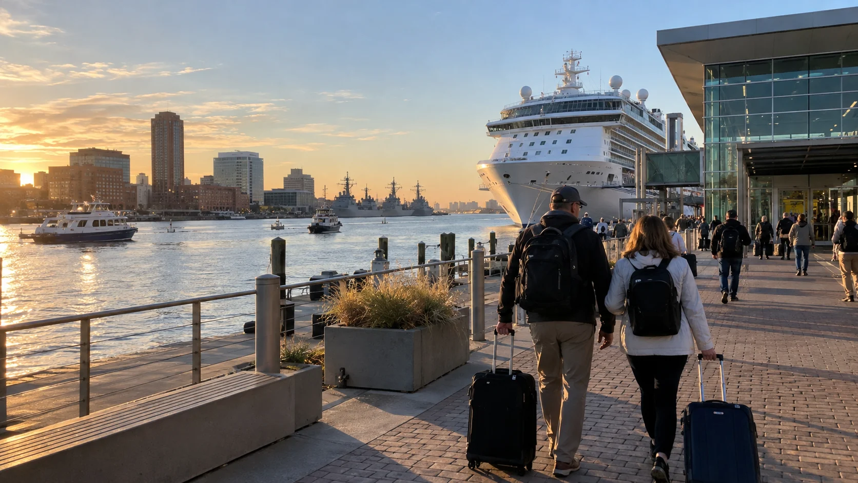 Travelers rolling luggage along Norfolk's downtown waterfront toward a cruise terminal.