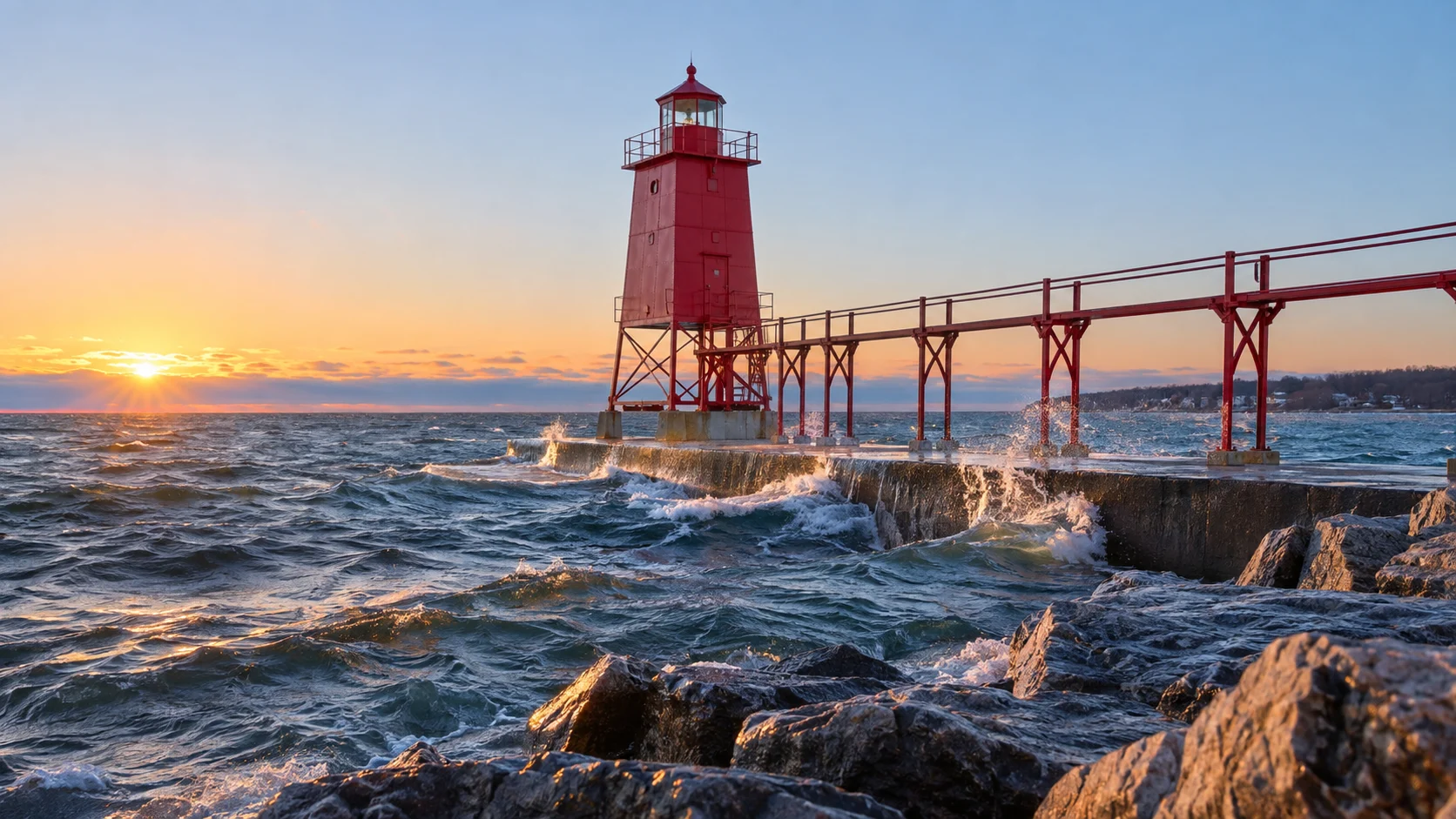 Red North Pierhead Light and catwalk above Lake Michigan waves at sunrise