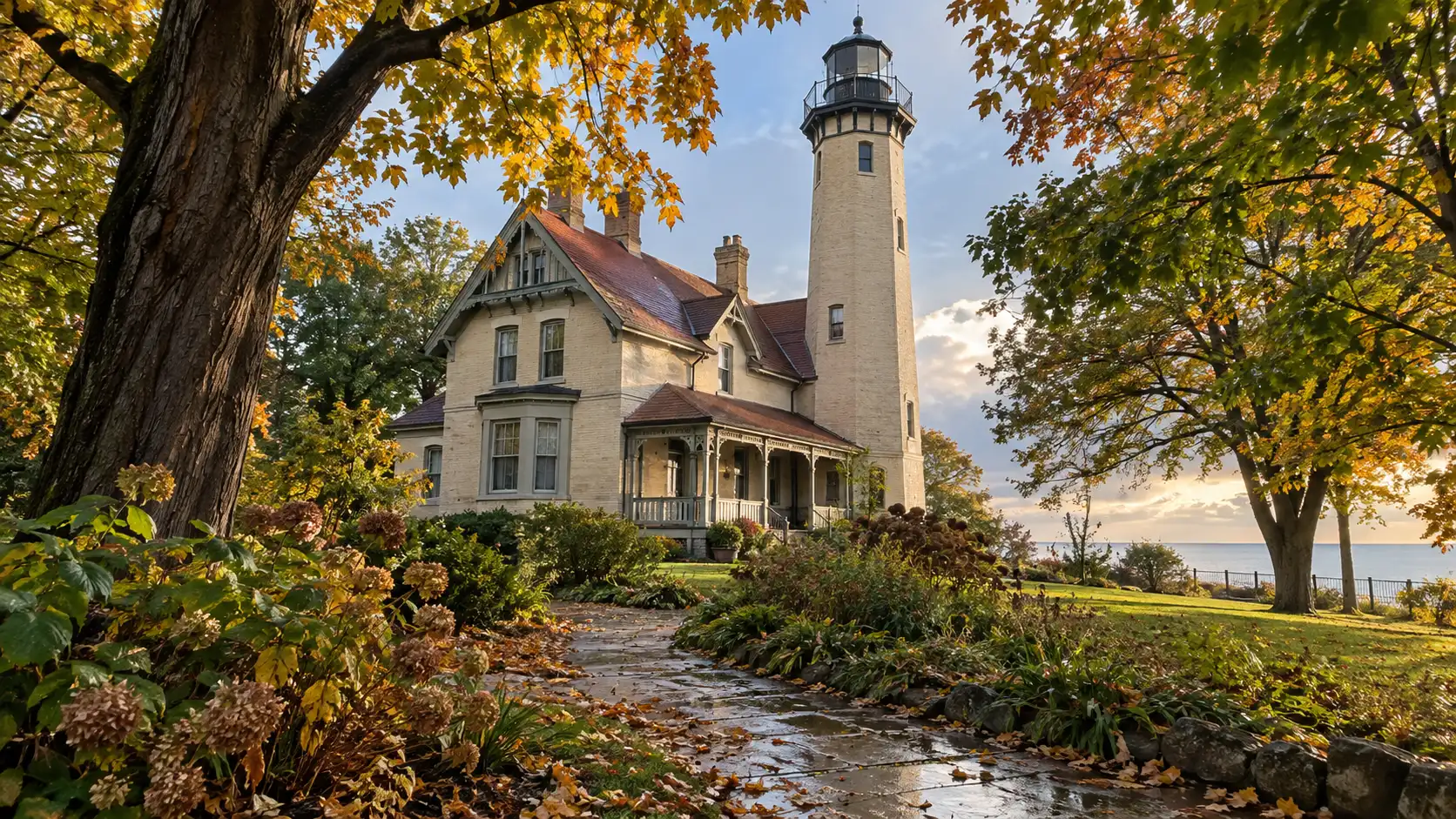 North Point Lighthouse framed by leafy parkland near the Lake Michigan shore in Milwaukee