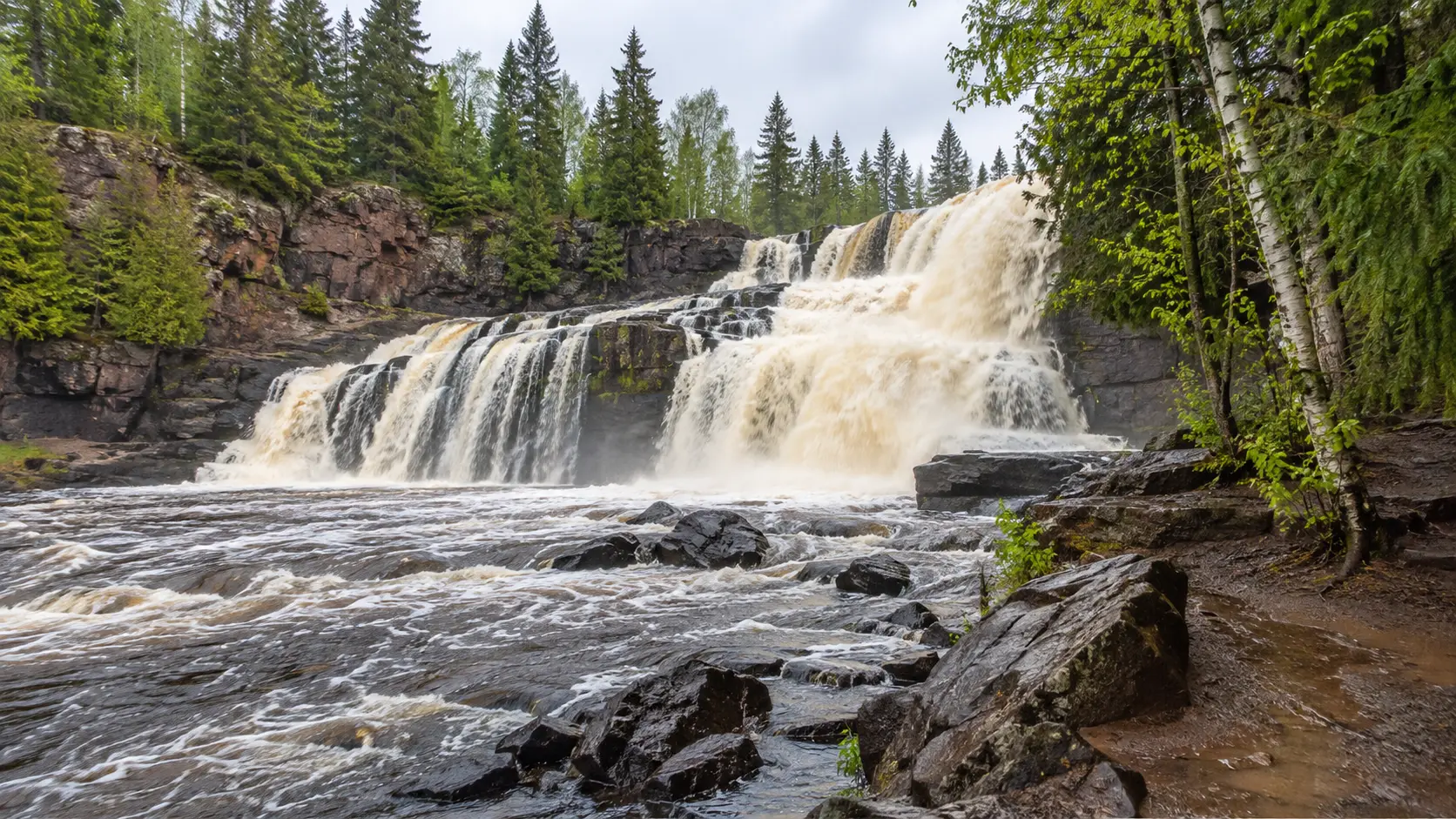 Gooseberry Falls cascading over dark basalt on Minnesota's North Shore