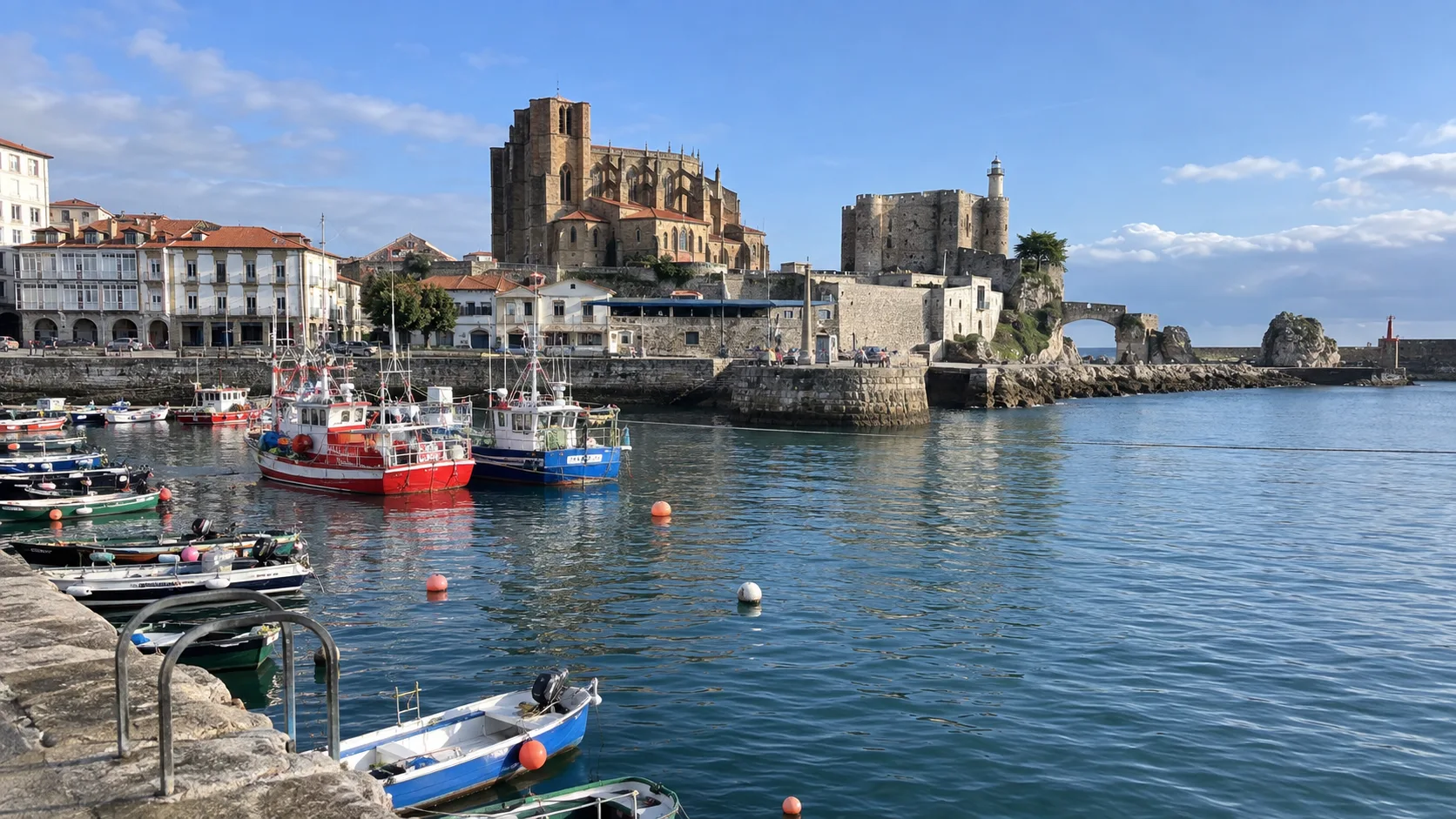 Fishing boats below the medieval church, castle, and lighthouse in Castro Urdiales harbor.