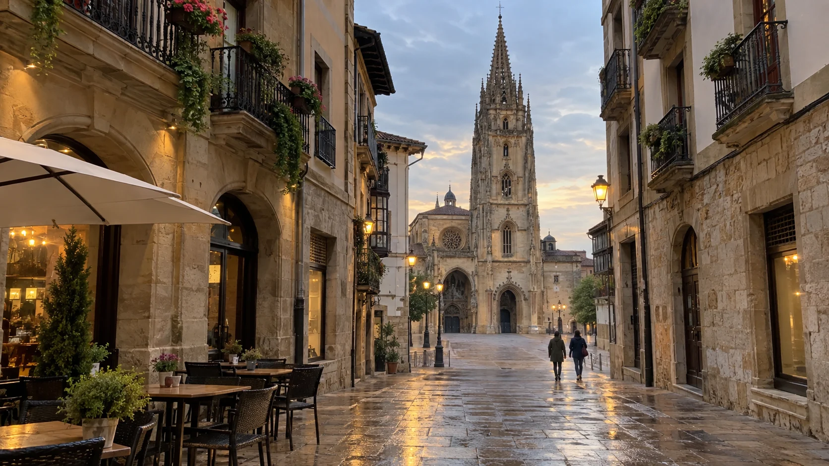 Rain-wet old-town street leading toward Oviedo Cathedral at dusk.