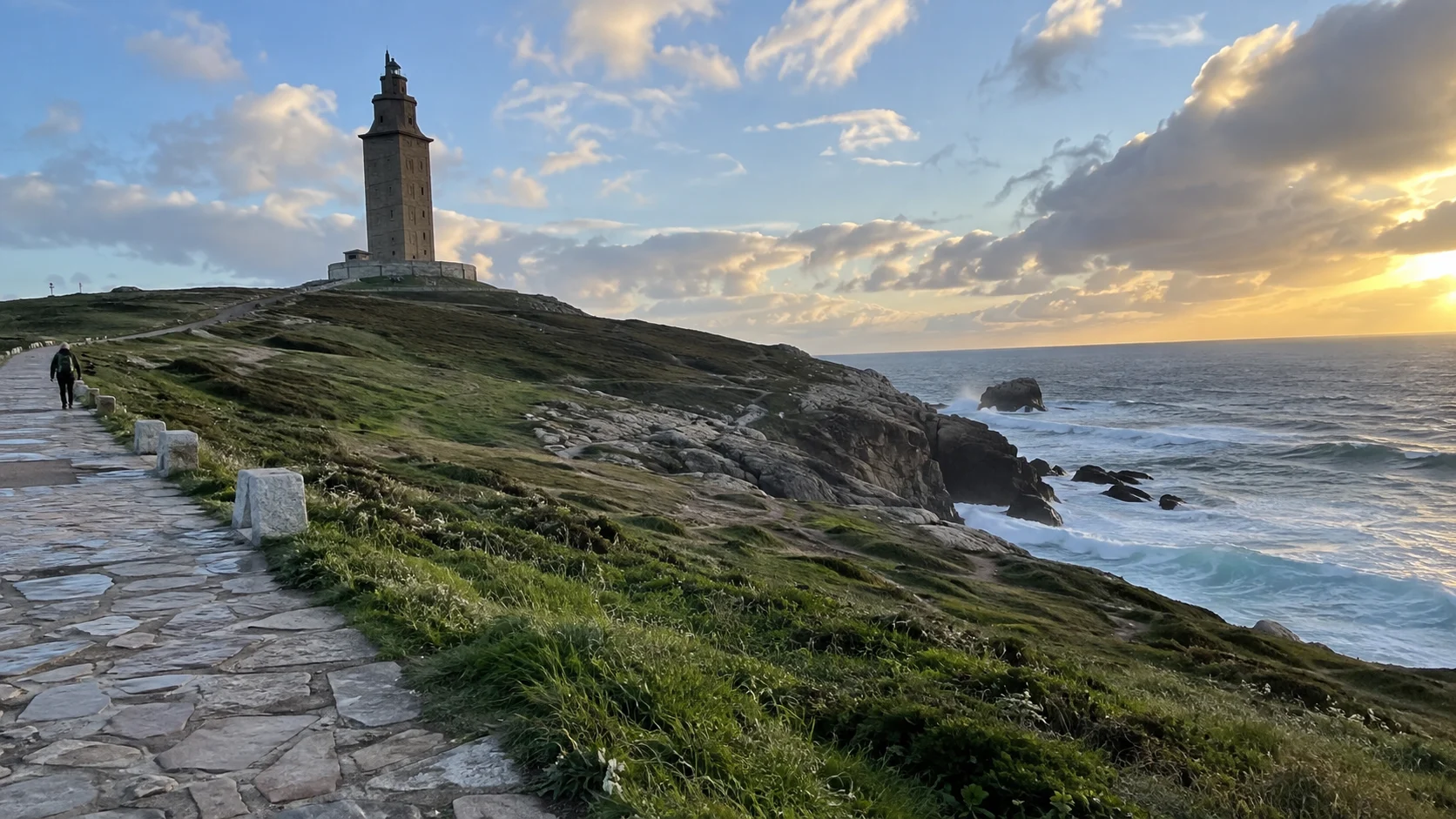 Tower of Hercules above a windswept Atlantic headland in A Coruña at sunset.