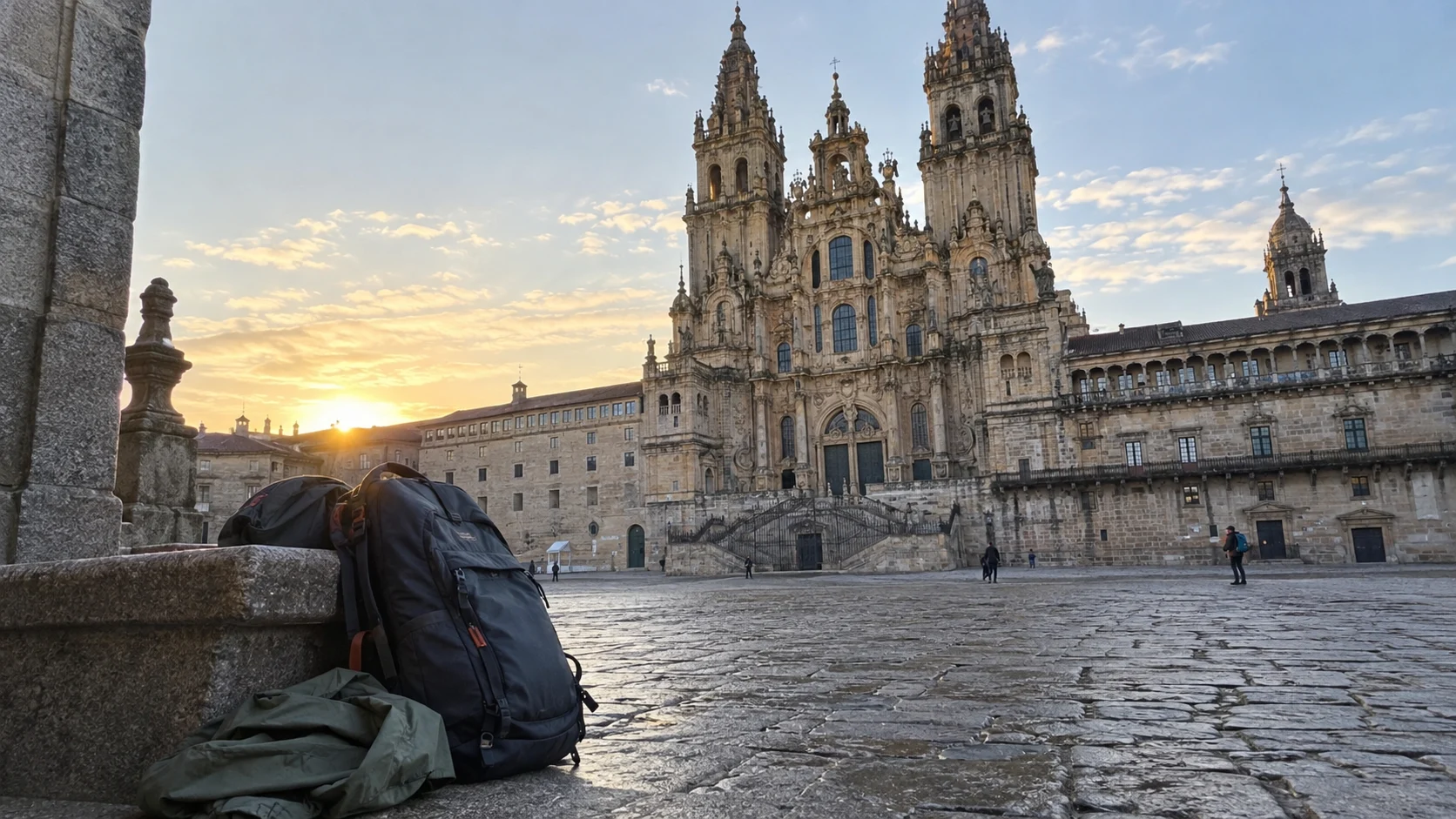 Packed travel bag in Obradoiro Square before Santiago Cathedral at dawn.