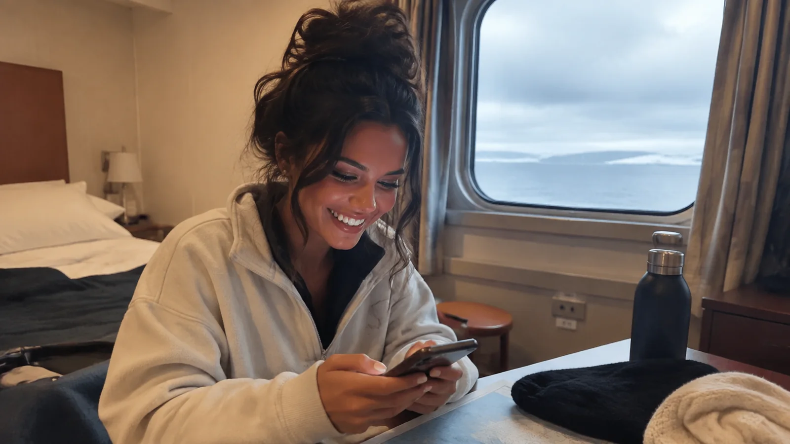 Smiling woman using her phone at a table inside a cruise cabin