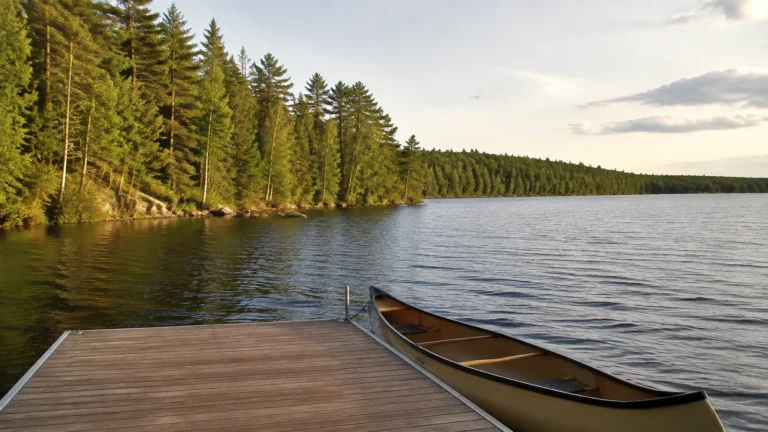 Canoe beside a wooden dock on a forest-lined lake.