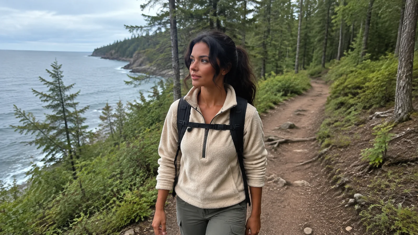 Woman hiking a wooded trail above a rocky lakeshore.
