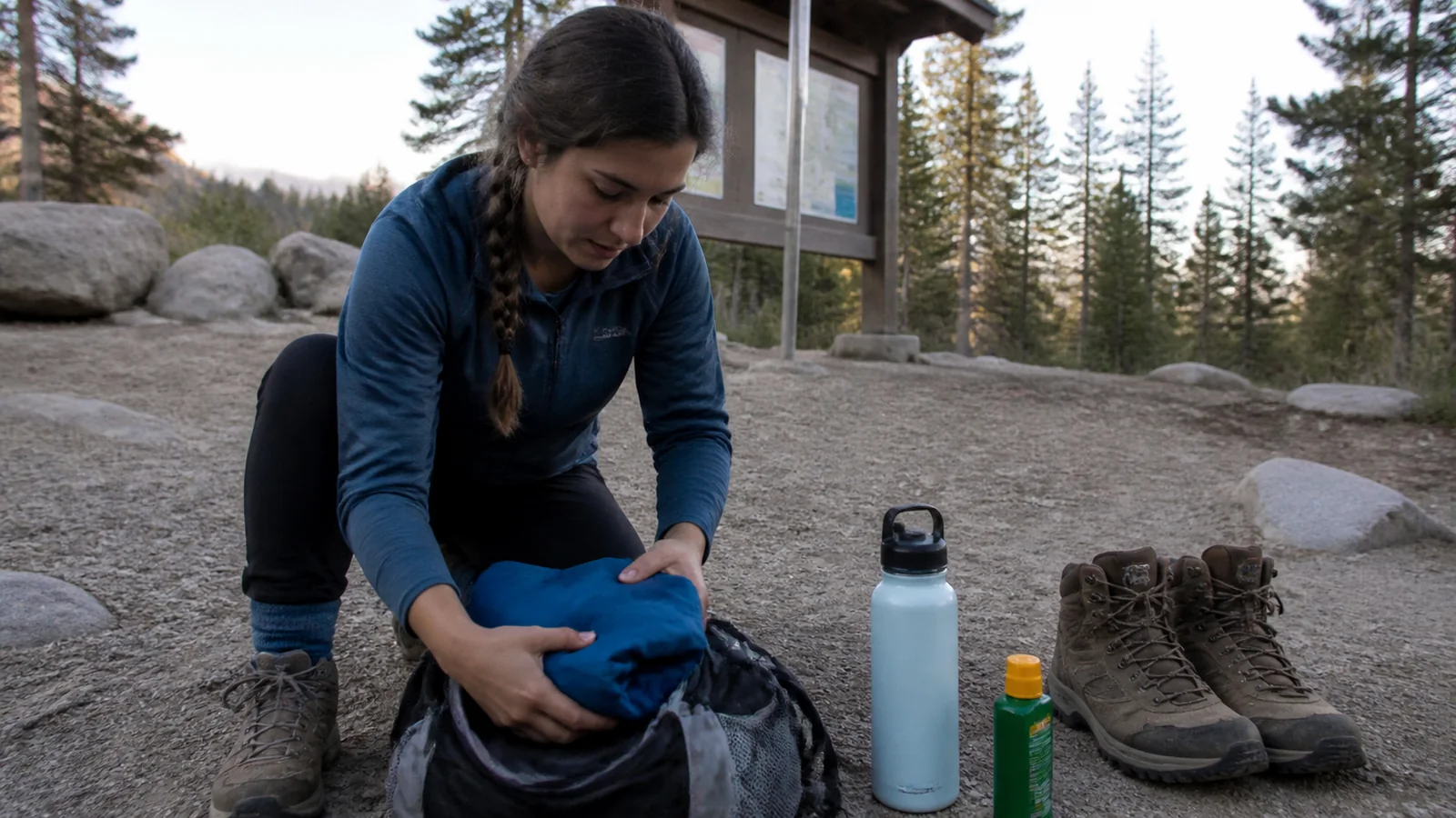 Hiker packing gear beside boots, a water bottle and insect repellent.