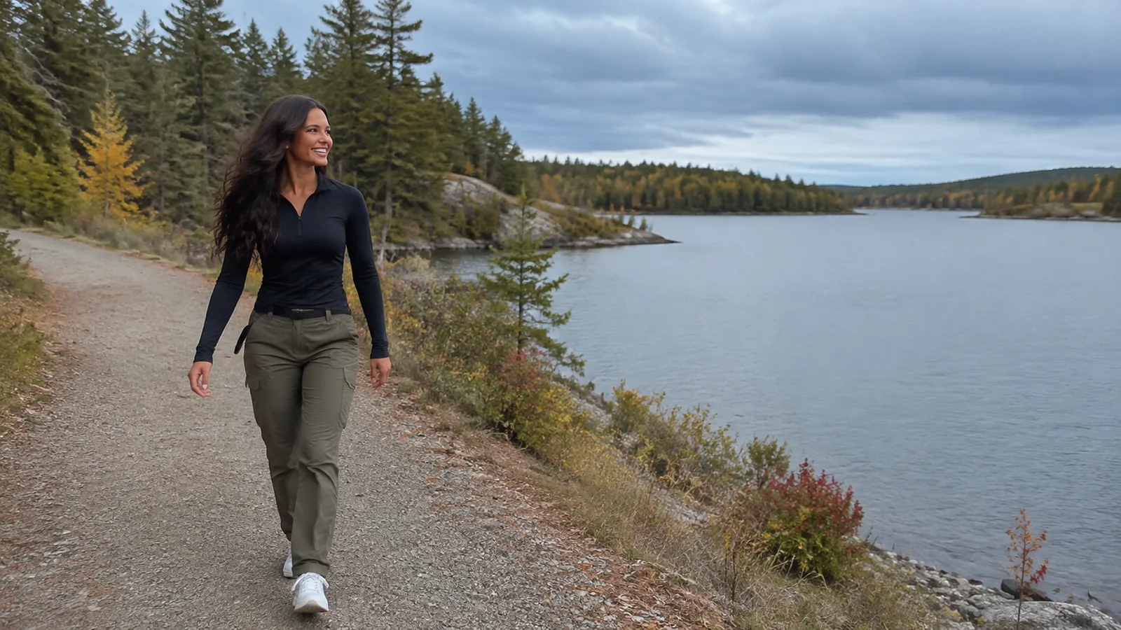 Woman walking a lakeside gravel path beside autumn-colored trees.