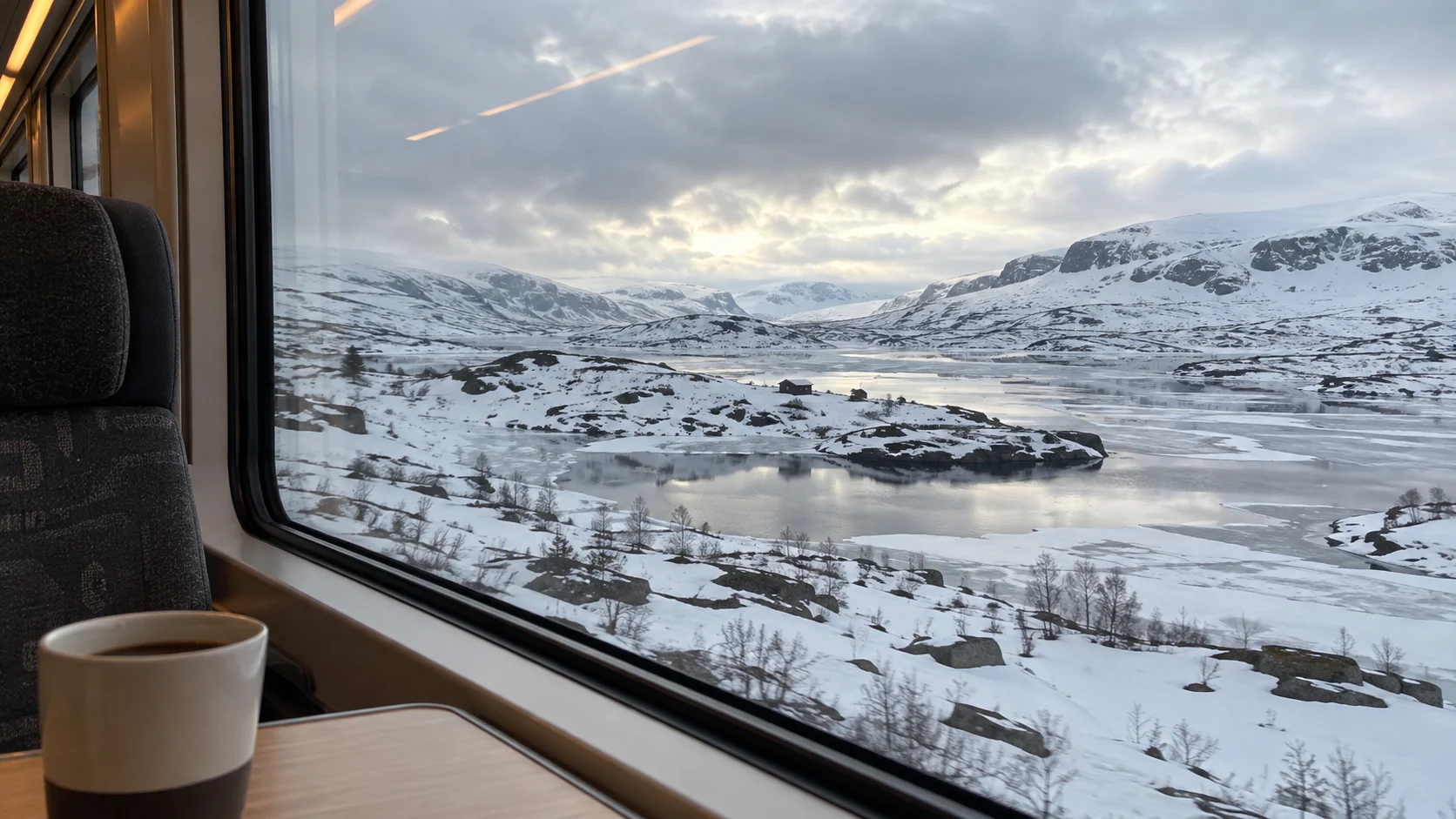 Snowy Hardangervidda landscape viewed through a Bergen Railway train window