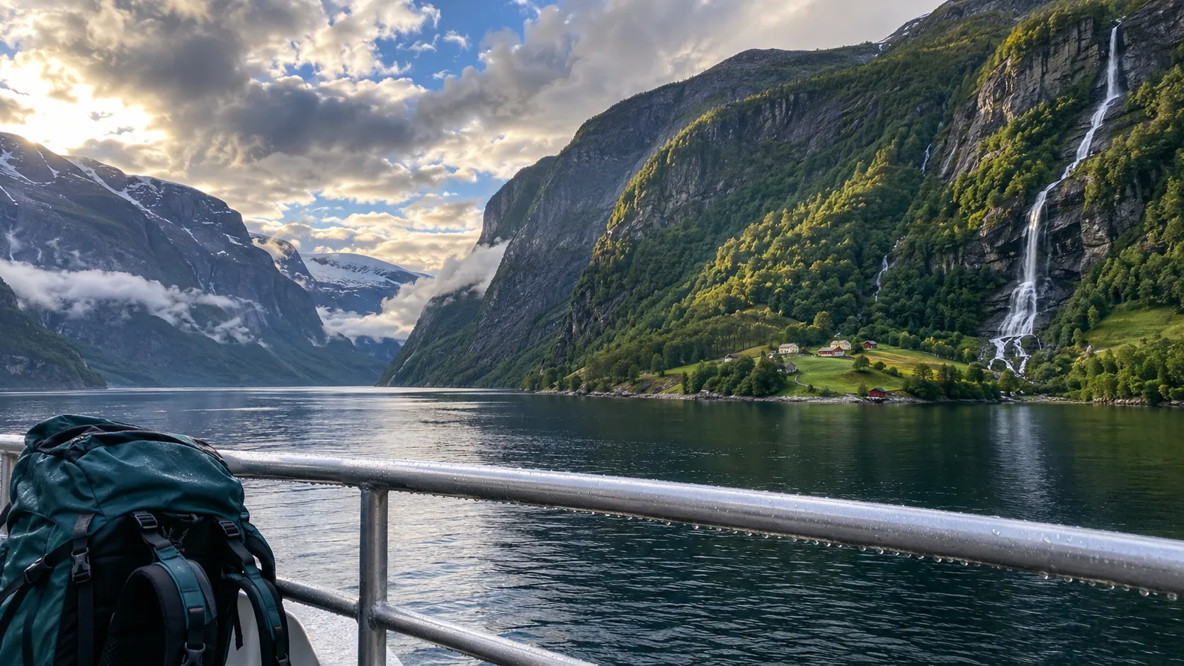 Waterfalls and mountain farms viewed from a fjord ferry continuing toward Bergen