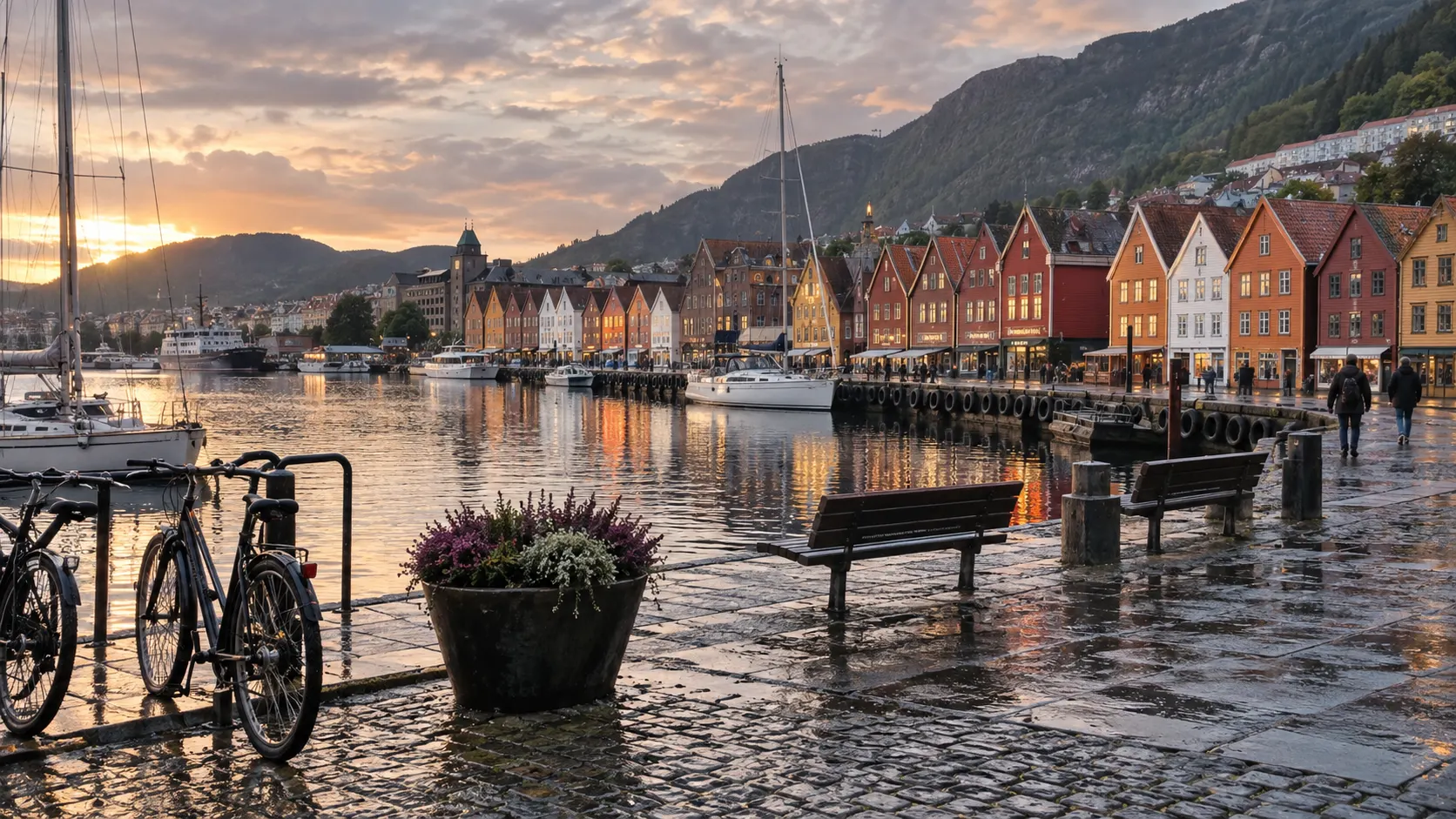Colorful Bryggen buildings reflected in Bergen harbor after a rain shower