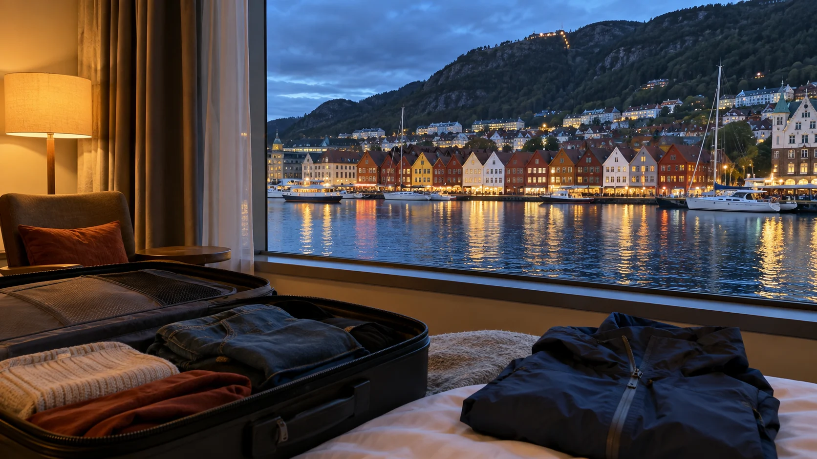 Half-packed suitcase in a Bergen hotel room overlooking Vågen harbor at blue hour
