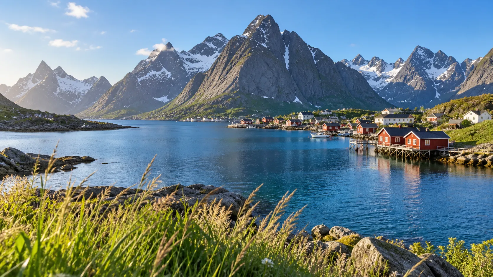 Red fishing cabins at Reine beneath the jagged mountains of Norway's Lofoten Islands